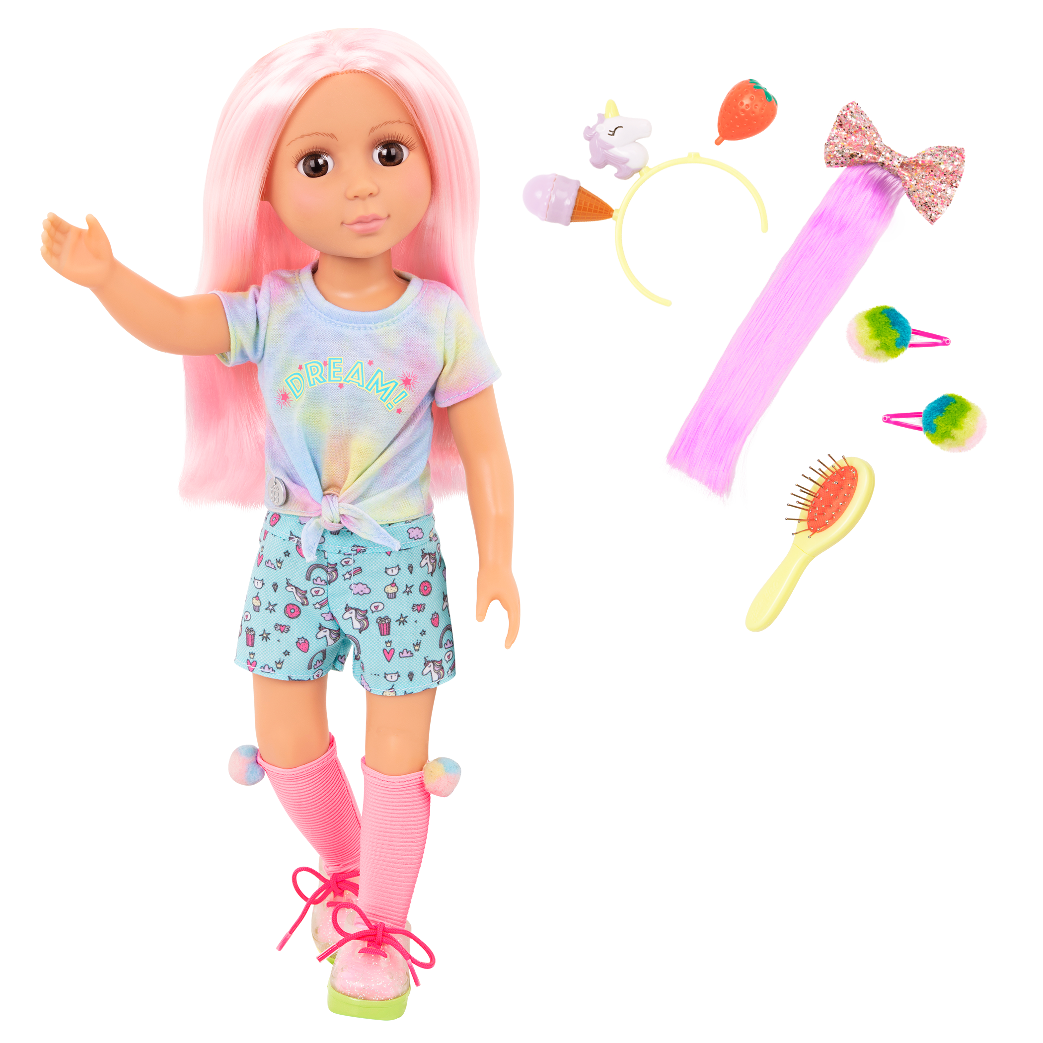 14-inch posable doll with pink hair and brown eyes with extension