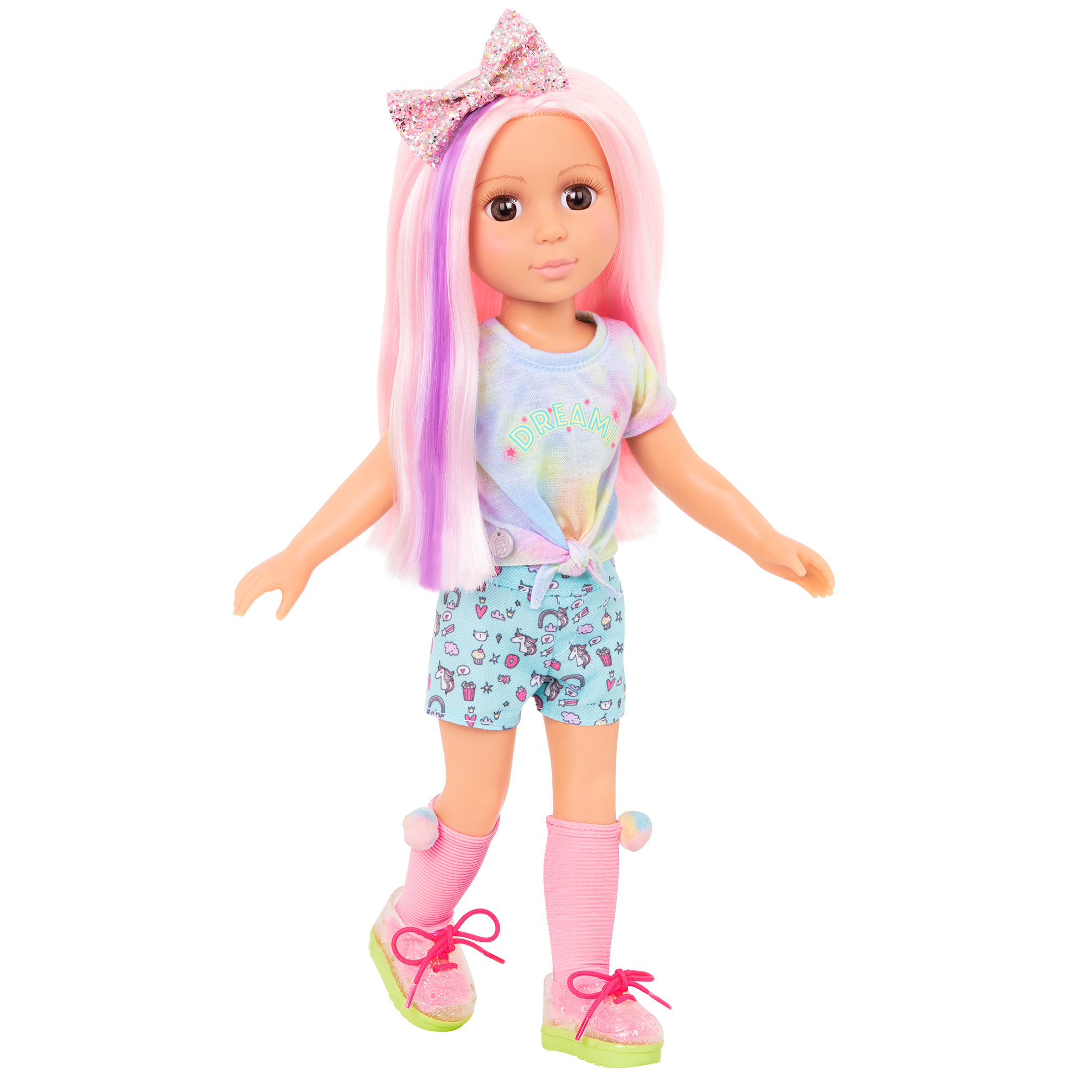 14-inch posable doll with pink hair and brown eyes with extension