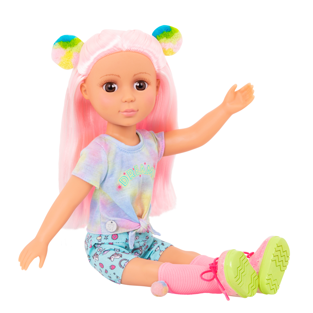 14-inch posable doll with pink hair and brown eyes with extension