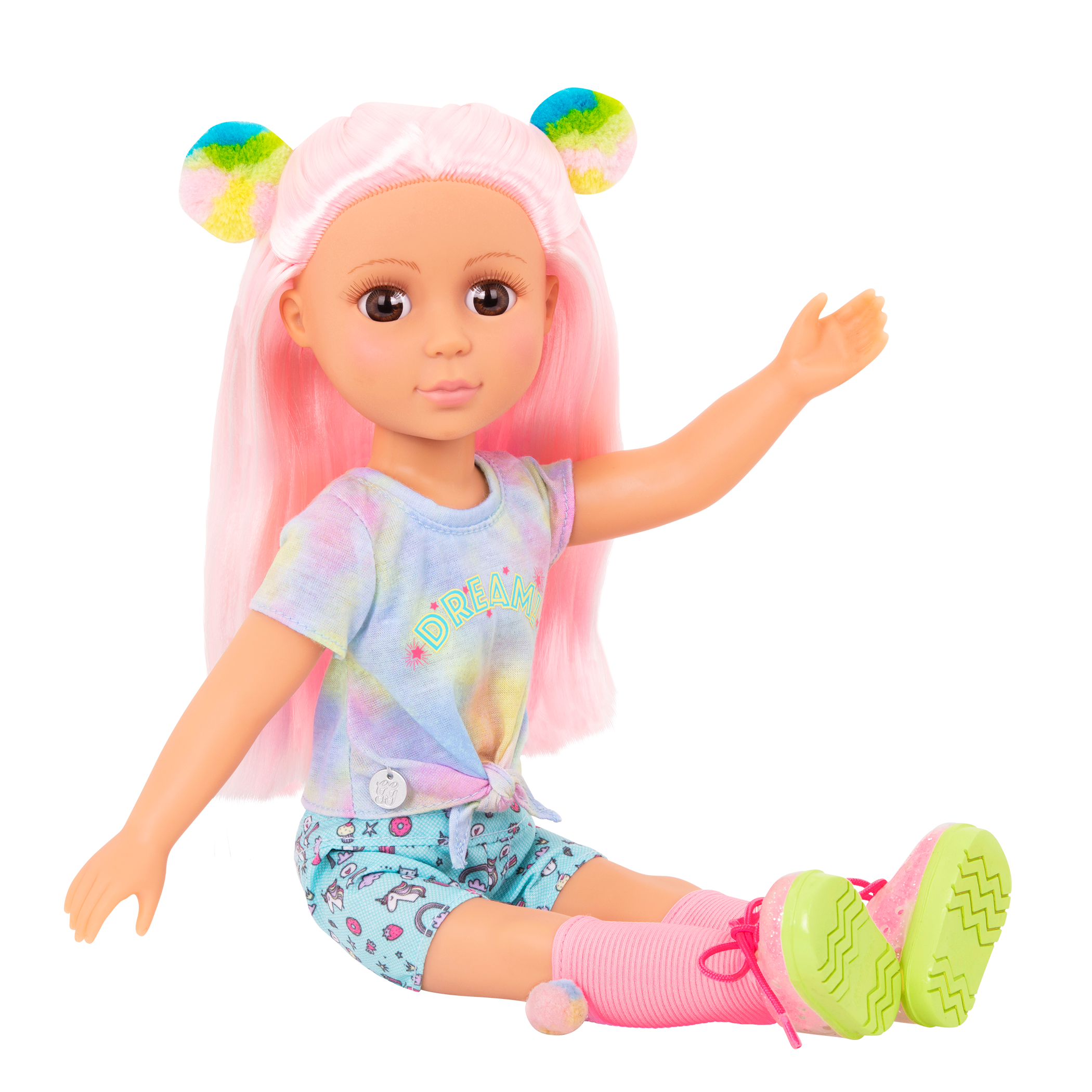 14-inch posable doll with pink hair and brown eyes with extension