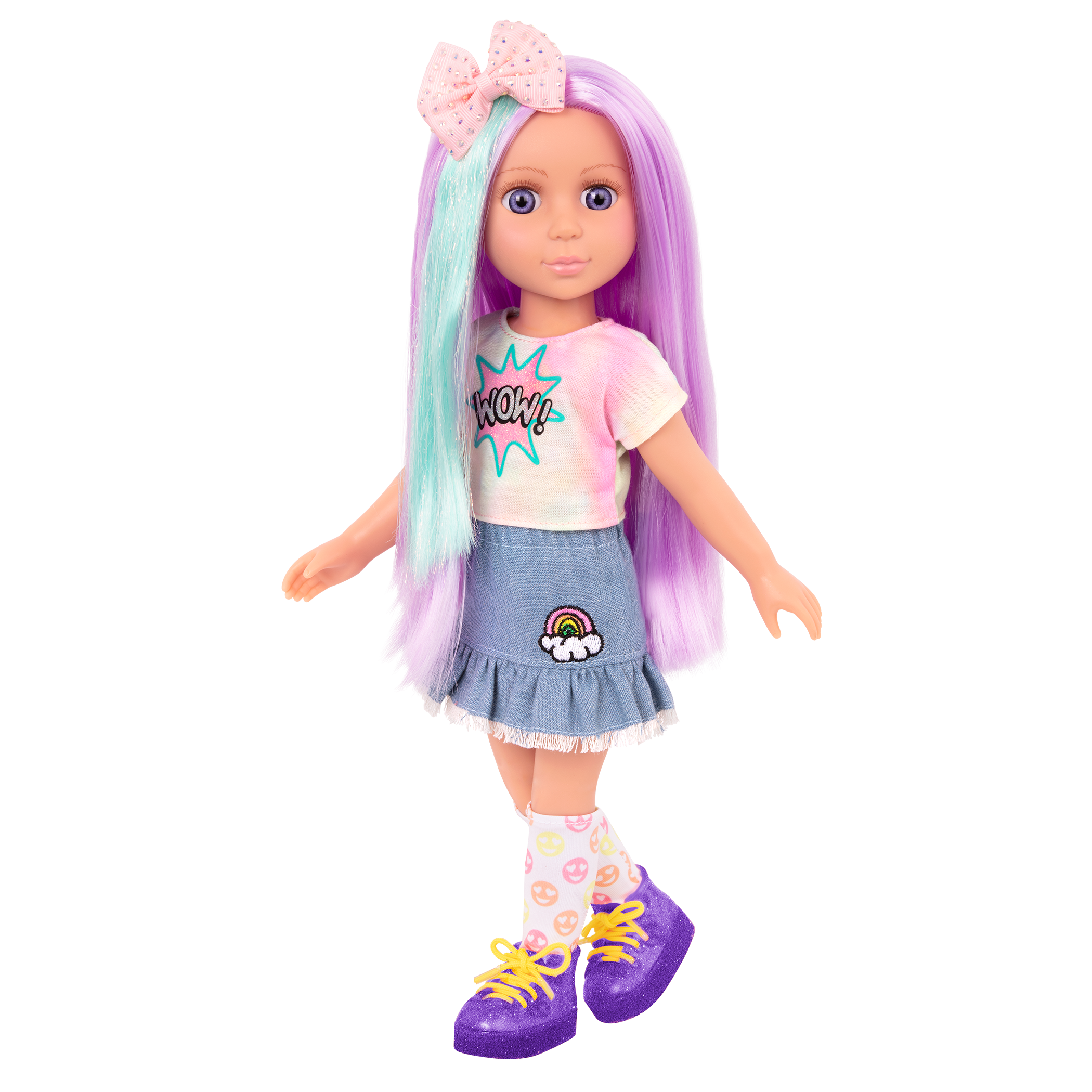 14-inch posable doll with purple hair and purple eyes with extension