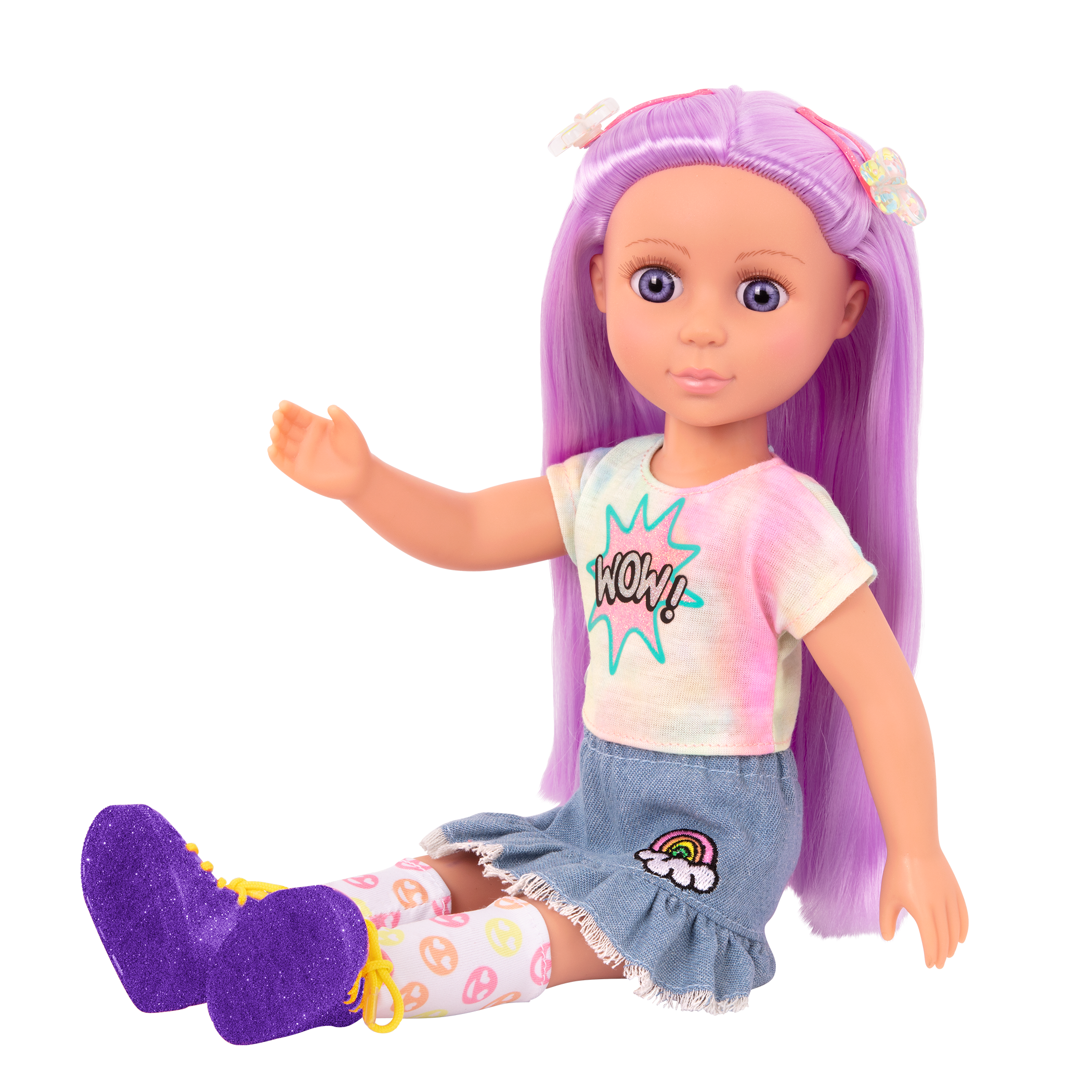 14-inch posable doll with purple hair and purple eyes with extension