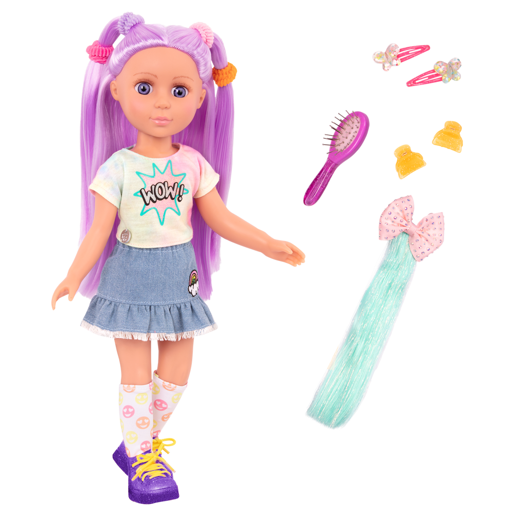 14-inch posable doll with purple hair and purple eyes with extension