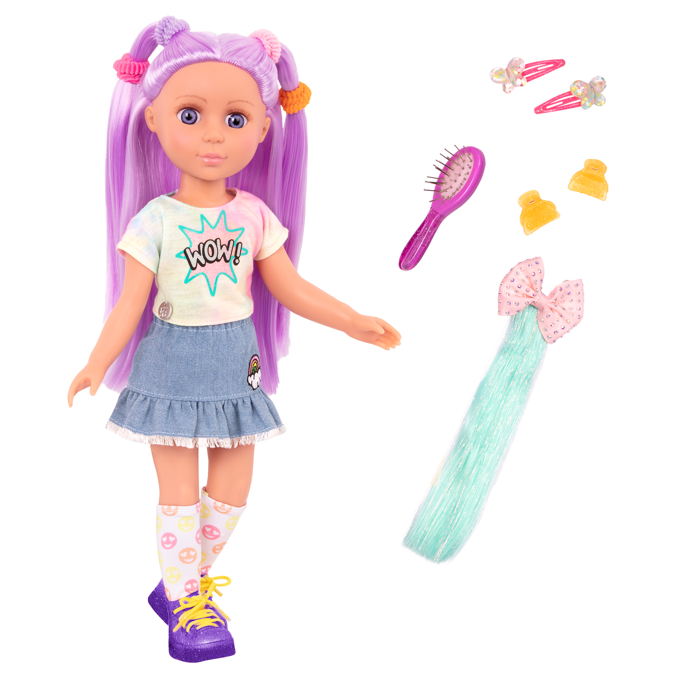 14-inch posable doll with purple hair and purple eyes with extension