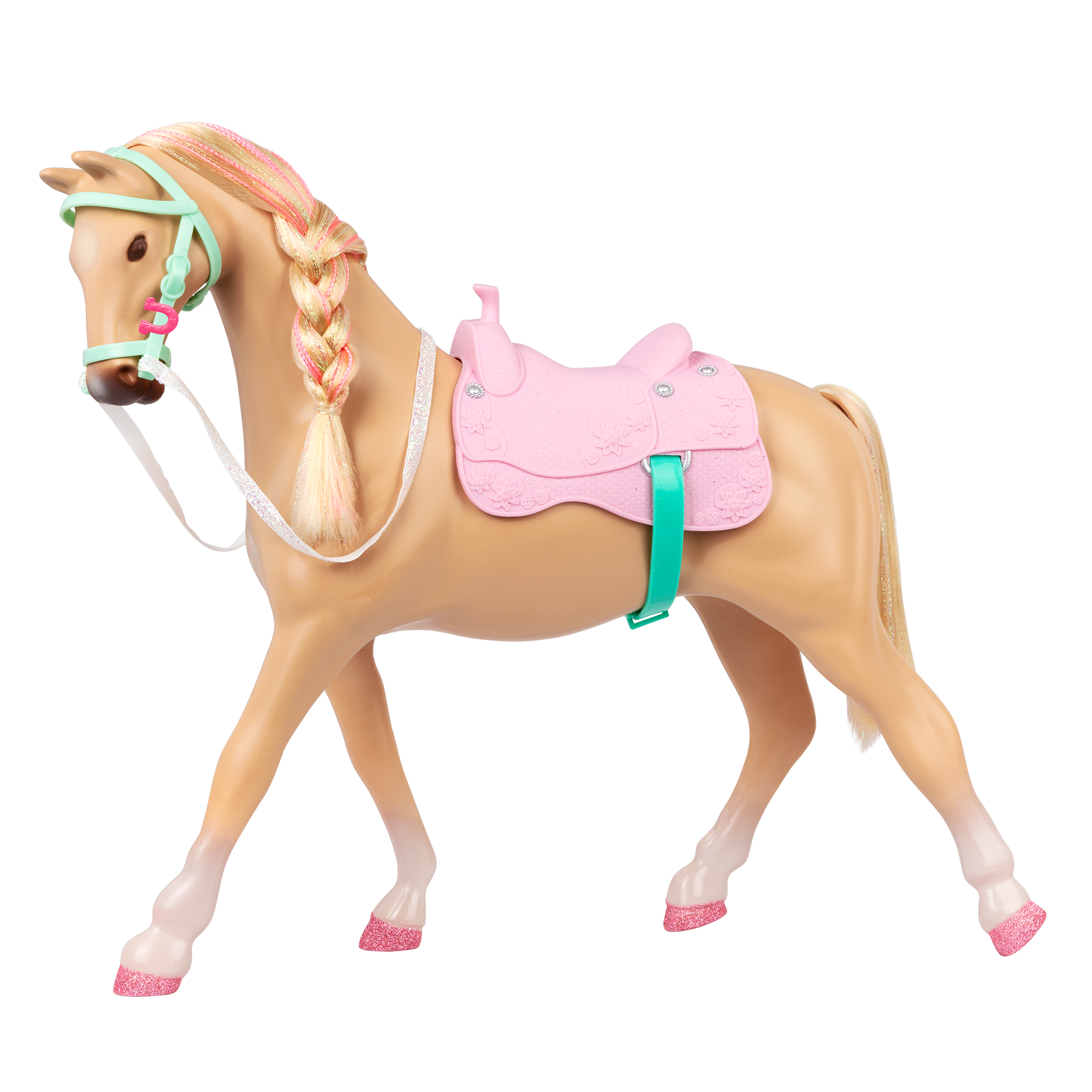 14-inch posable doll with brown hair and blue eyes next to toy horse