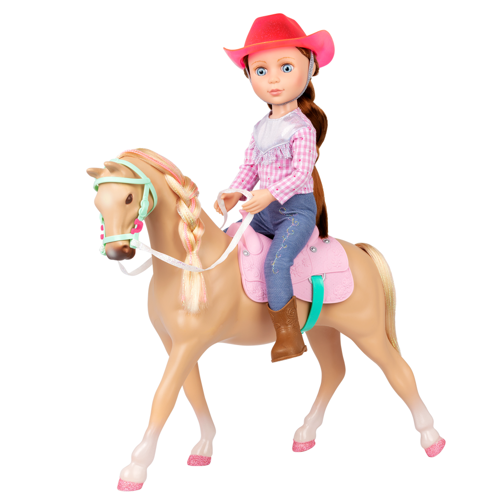 14-inch posable doll with brown hair and blue eyes next to toy horse