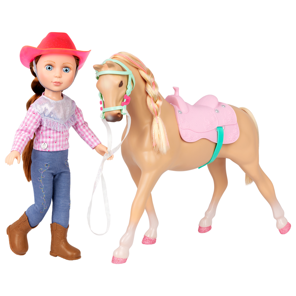 14-inch posable doll with brown hair and blue eyes next to toy horse