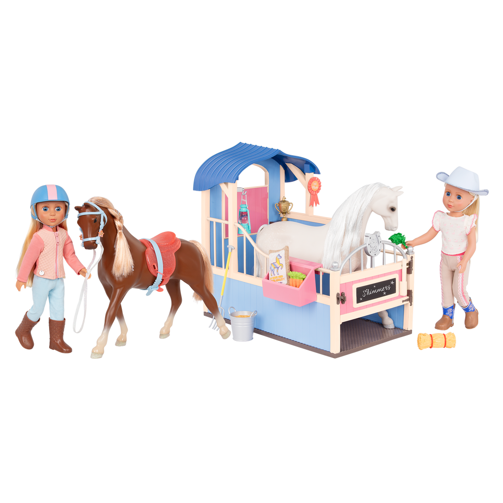 14-inch posable doll with blonde hair and blue eyes standing next to toy horse