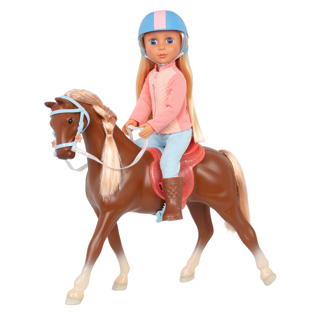 14-inch posable doll with blonde hair and blue eyes standing next to toy horse