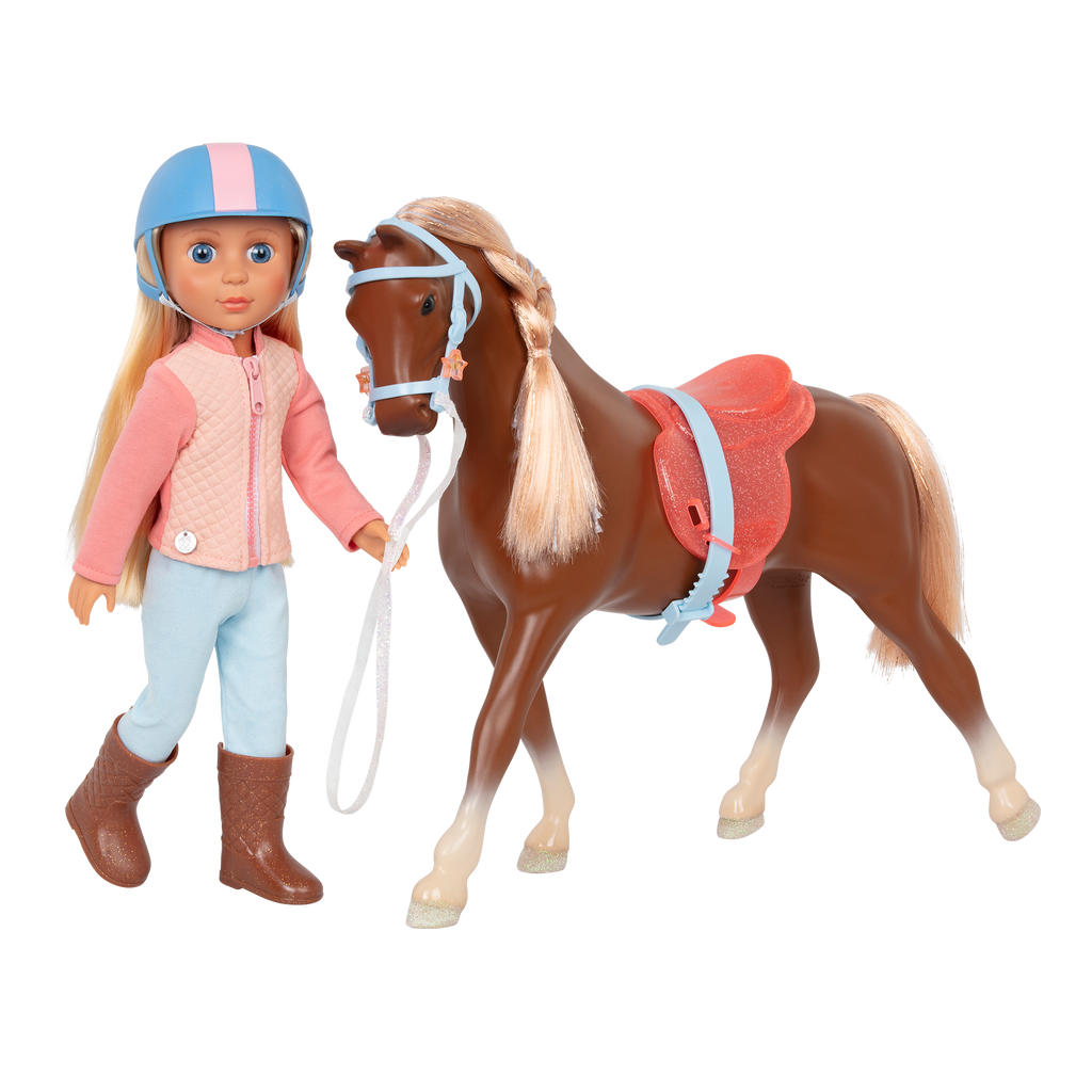 14-inch posable doll with blonde hair and blue eyes standing next to toy horse