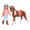 14-inch posable doll with blonde hair and blue eyes standing next to toy horse