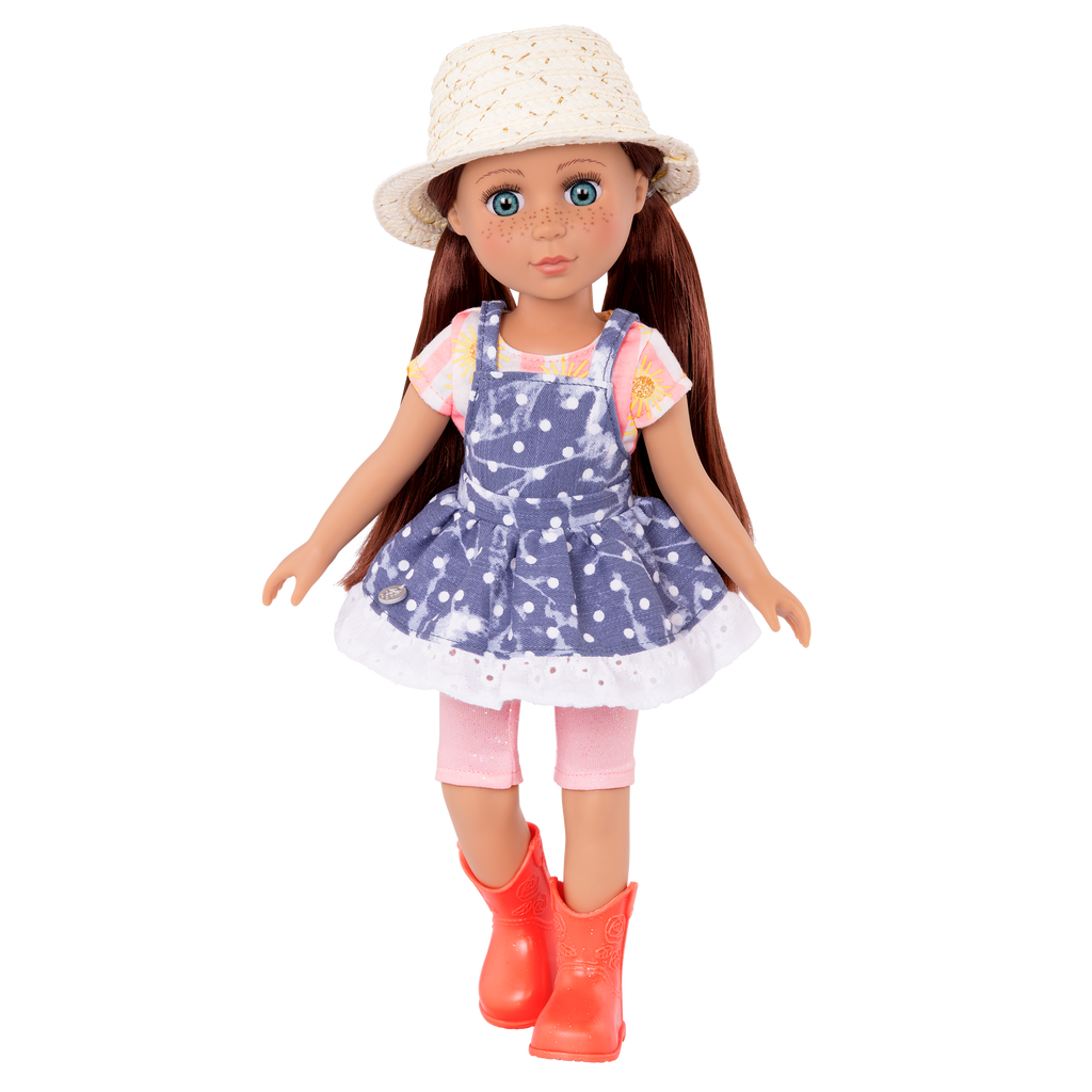 14-inch posable doll with auburn hair and turquoise eyes