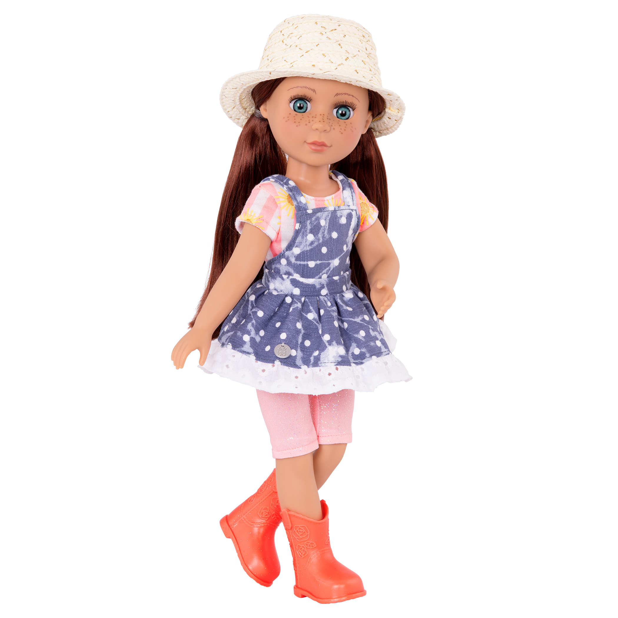 14-inch posable doll with auburn hair and turquoise eyes