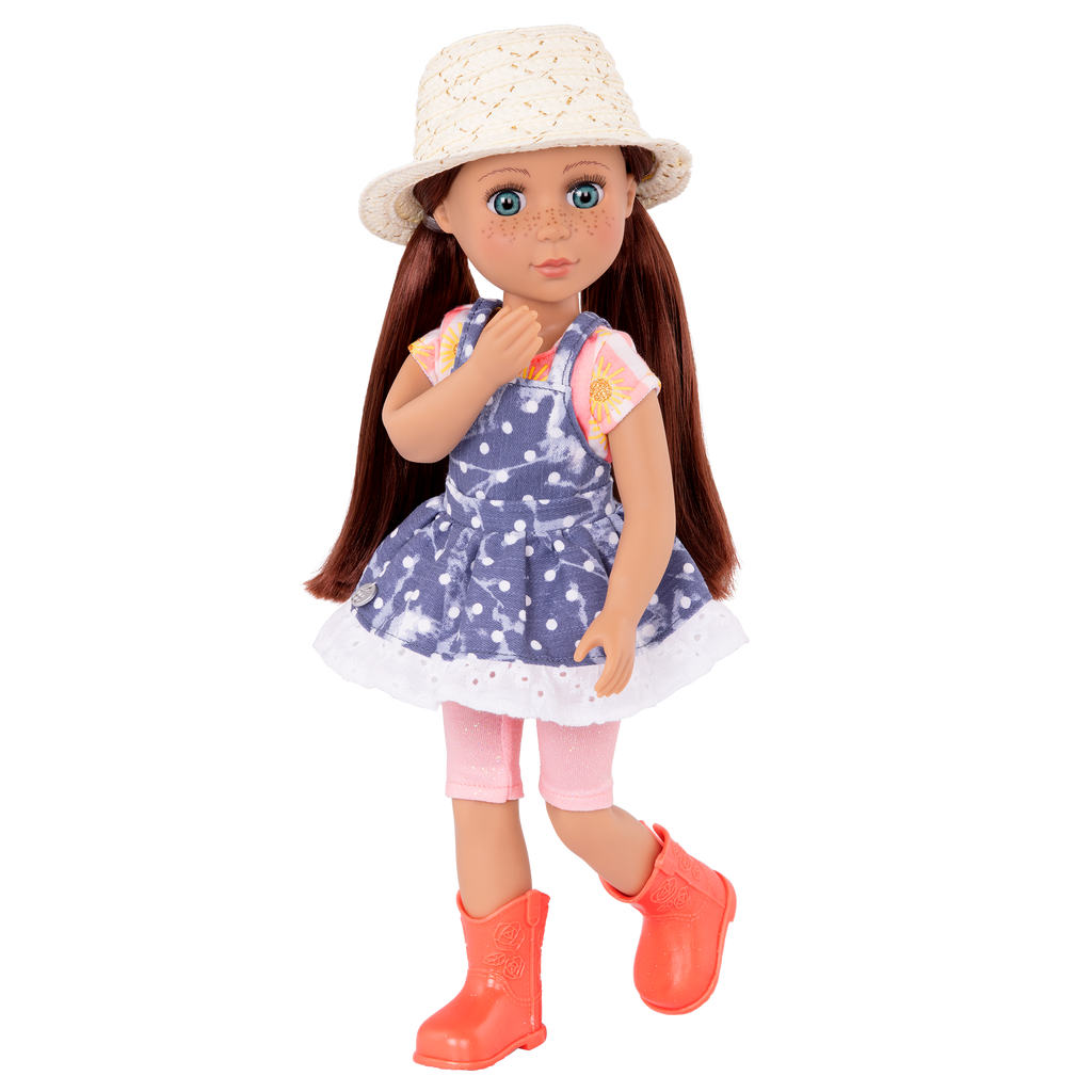 14-inch posable doll with auburn hair and turquoise eyes