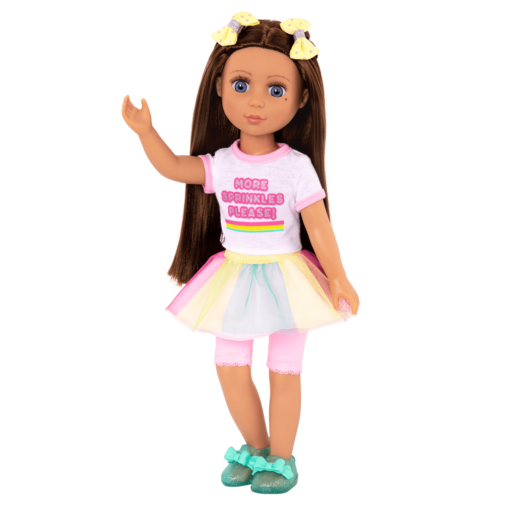 14-inch posable doll with brown hair and blue eyes