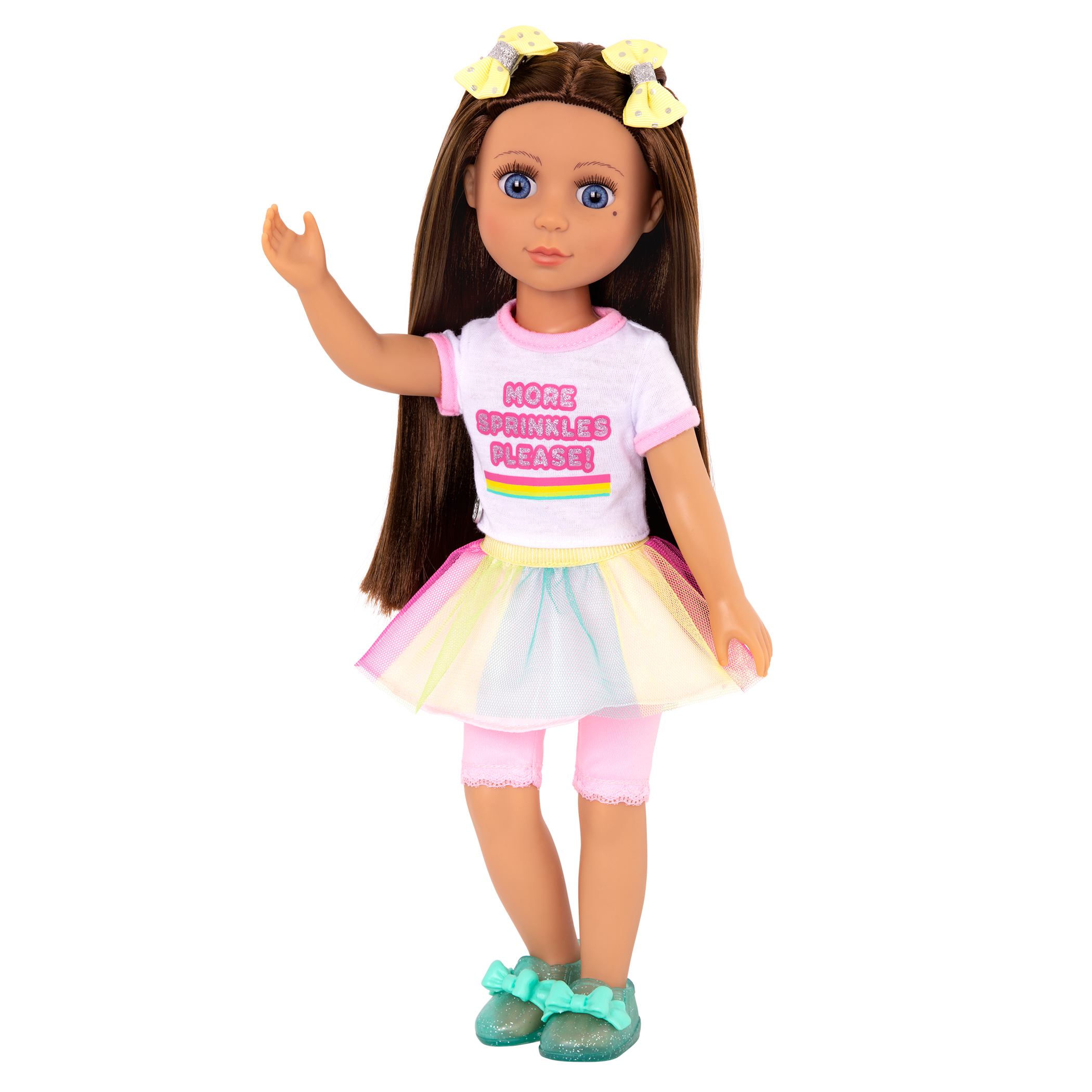 14-inch posable doll with brown hair and blue eyes