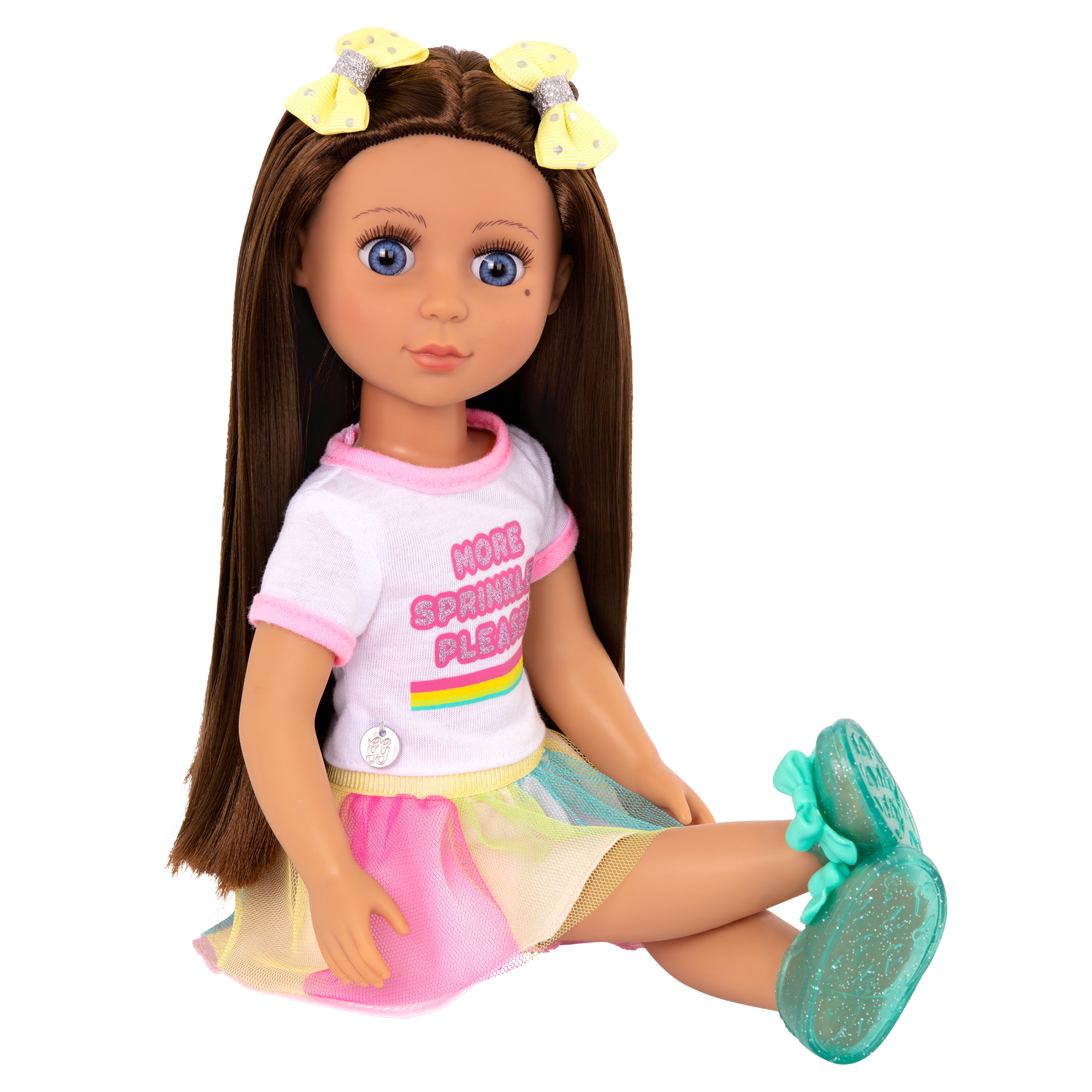 14-inch posable doll with brown hair and blue eyes