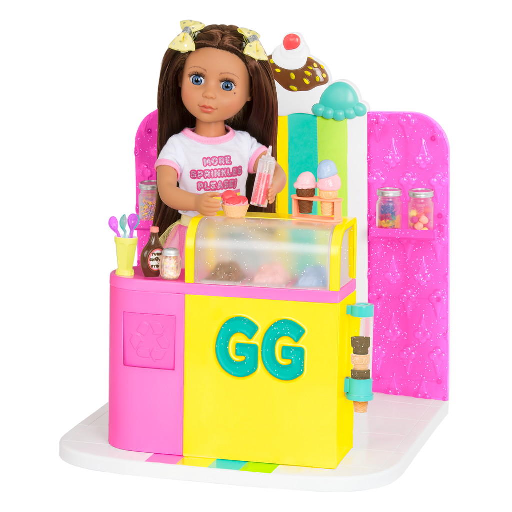 14-inch posable doll with brown hair and blue eyes