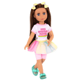 14-inch posable doll with brown hair and blue eyes
