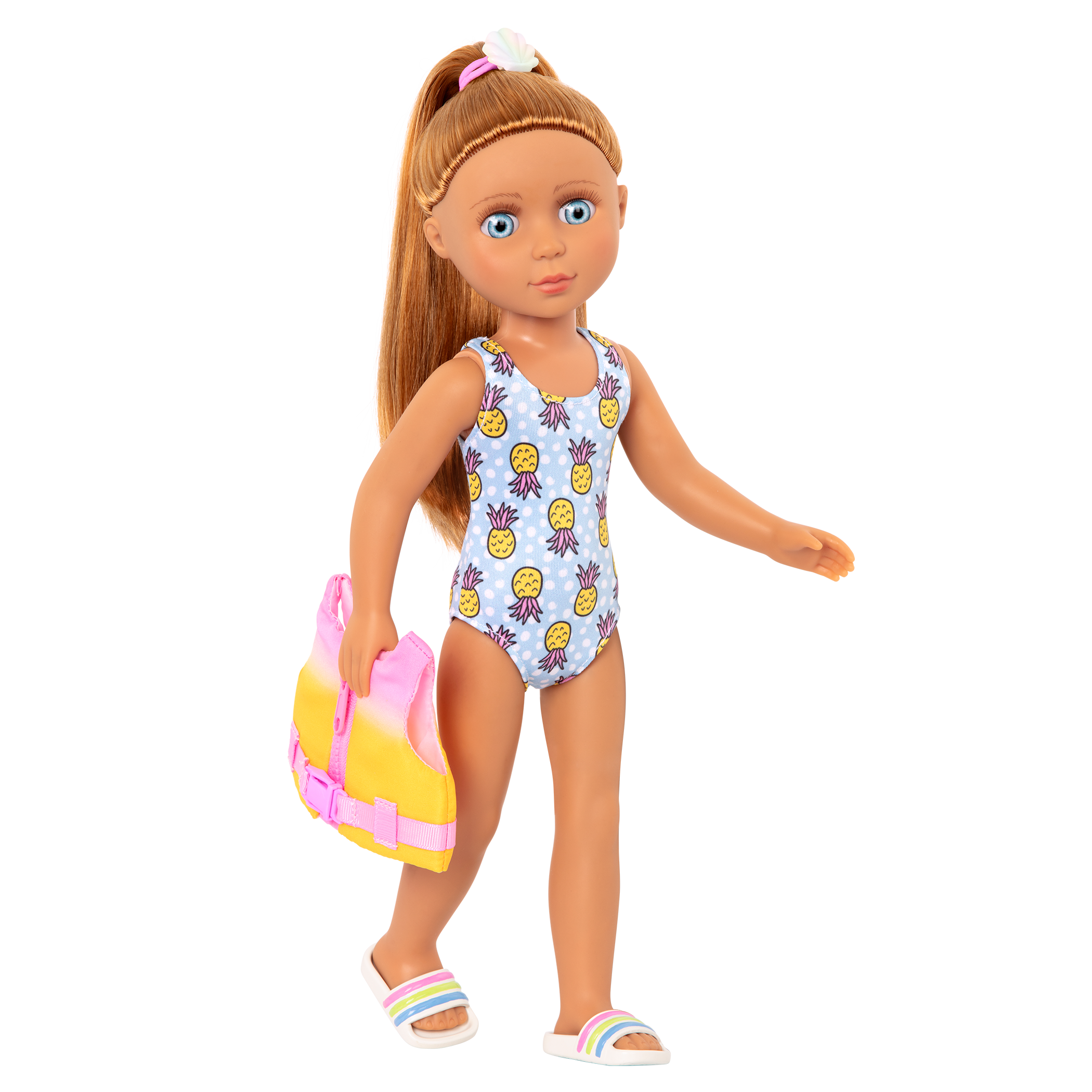 14-inch posable doll with light brown hair and blue eyes holding paddleboard