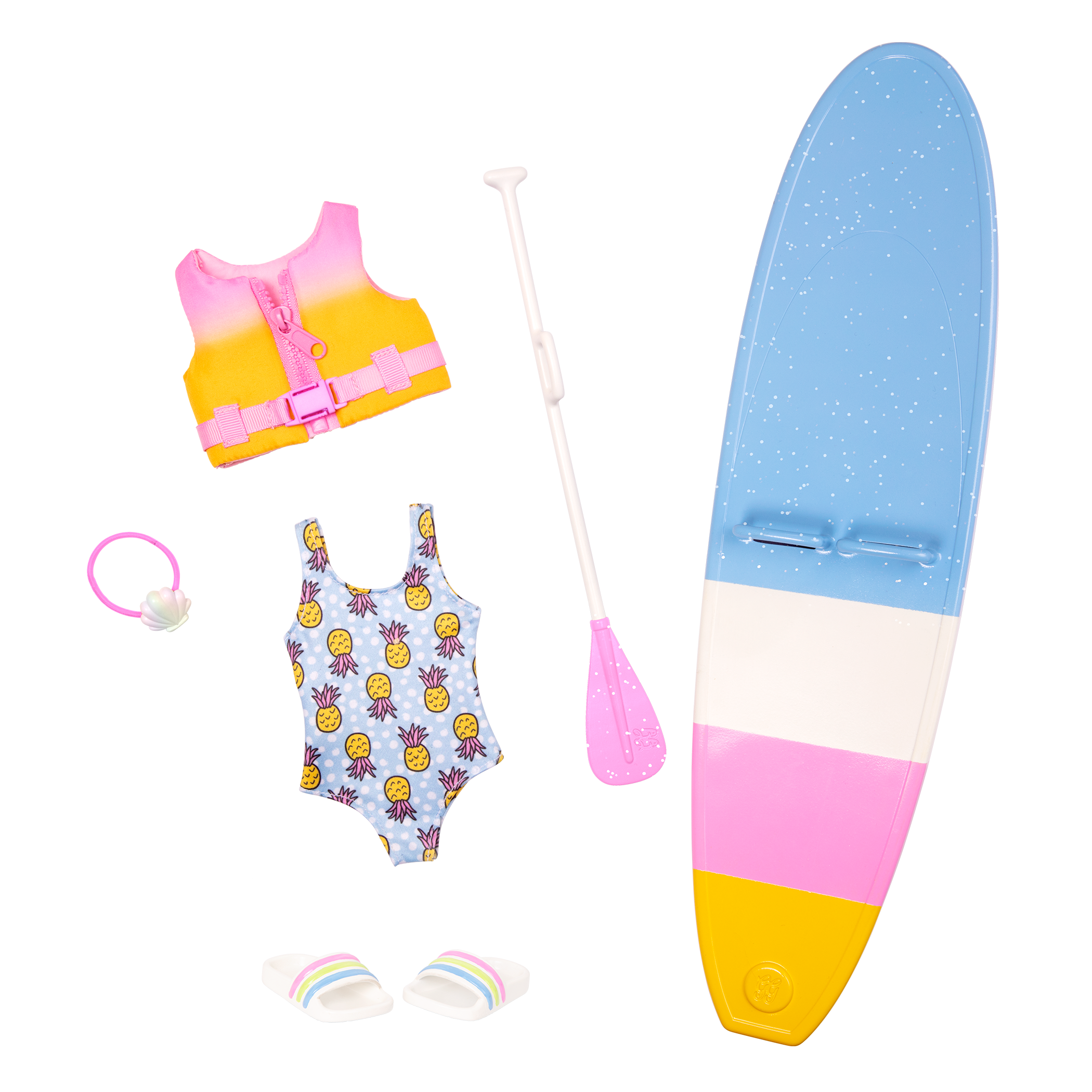 14-inch posable doll with light brown hair and blue eyes holding paddleboard