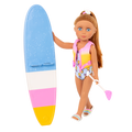 14-inch posable doll with light brown hair and blue eyes holding paddleboard