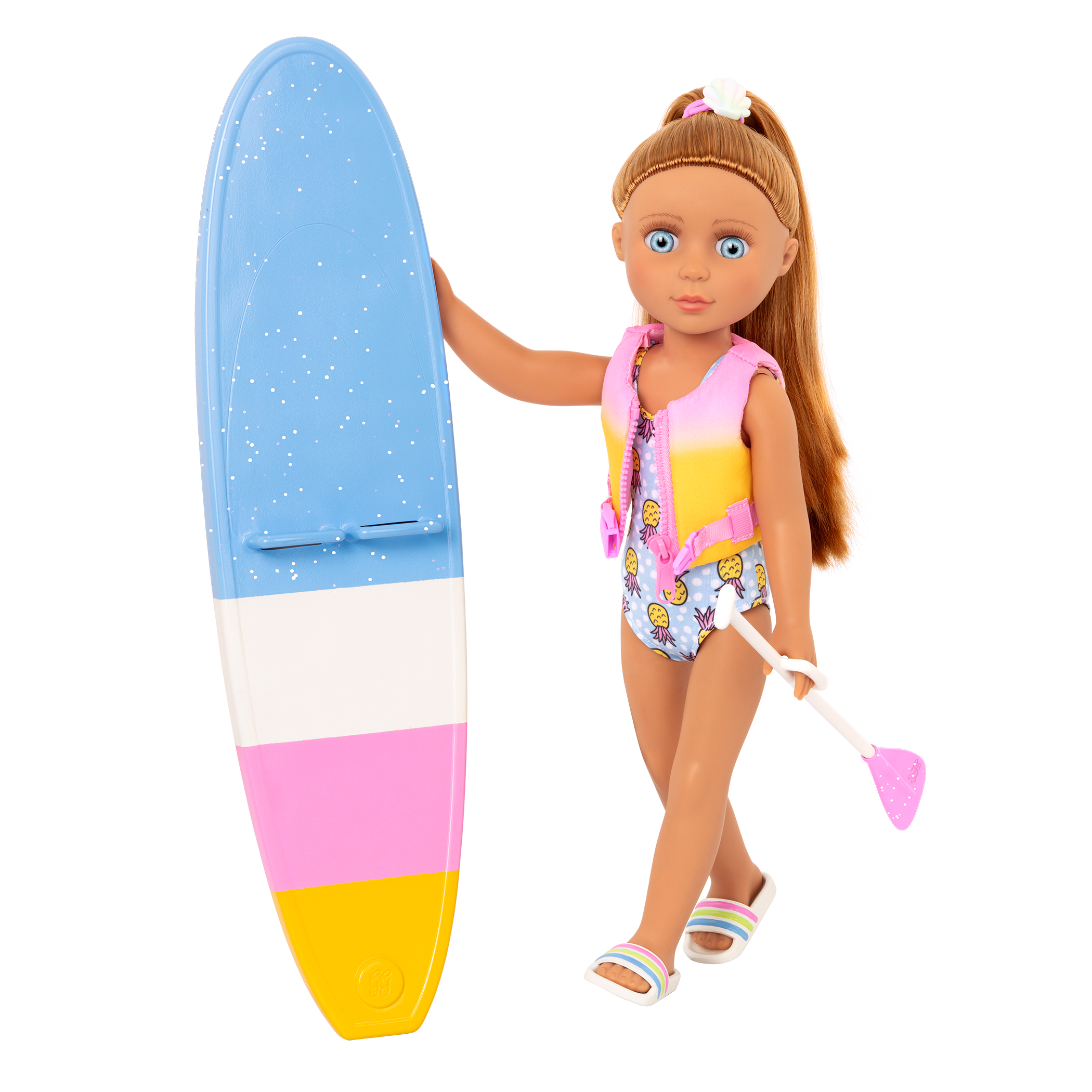 14-inch posable doll with light brown hair and blue eyes holding paddleboard