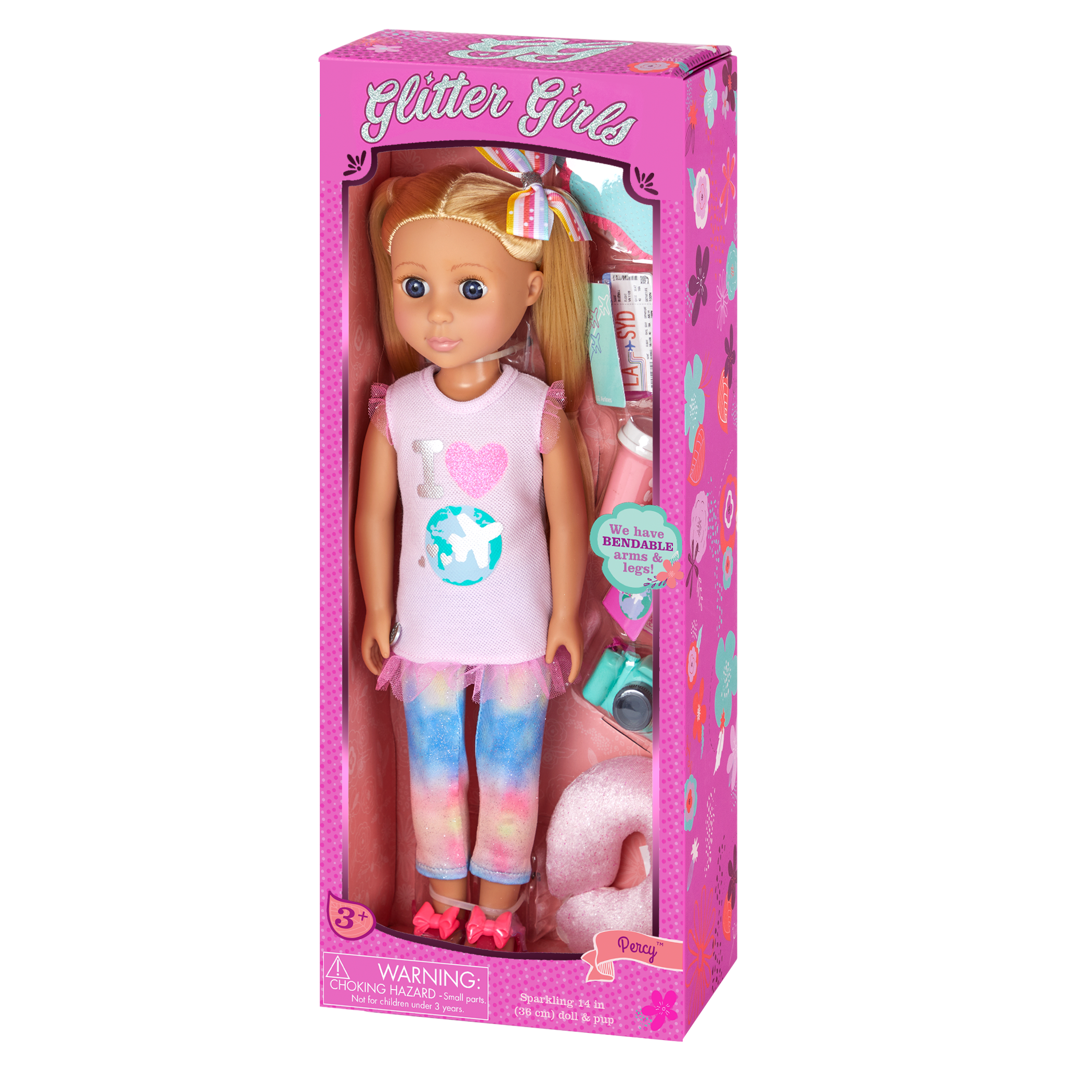 14-inch posable doll with blonde hair and purple eyes holding camera