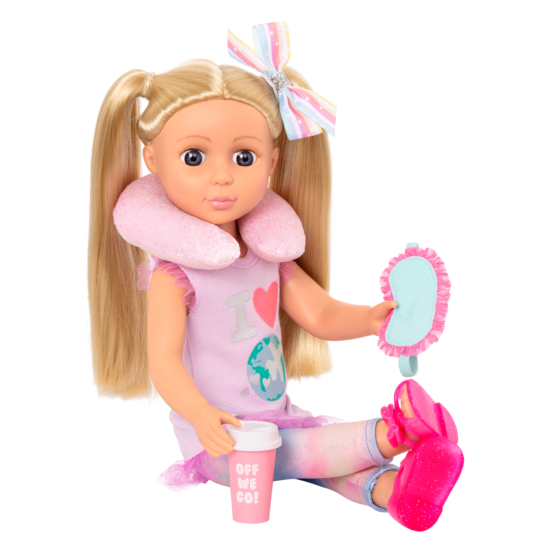 14-inch posable doll with blonde hair and purple eyes holding camera