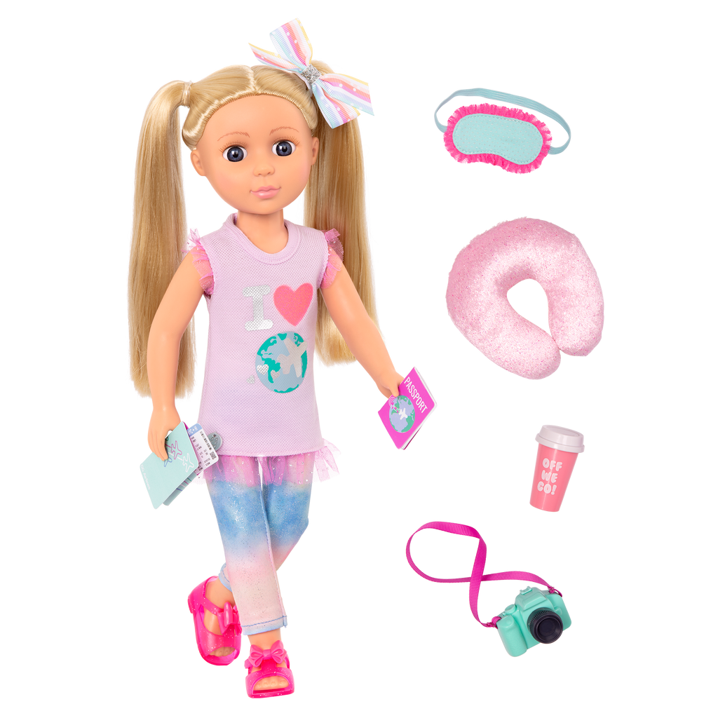 14-inch posable doll with blonde hair and purple eyes holding camera