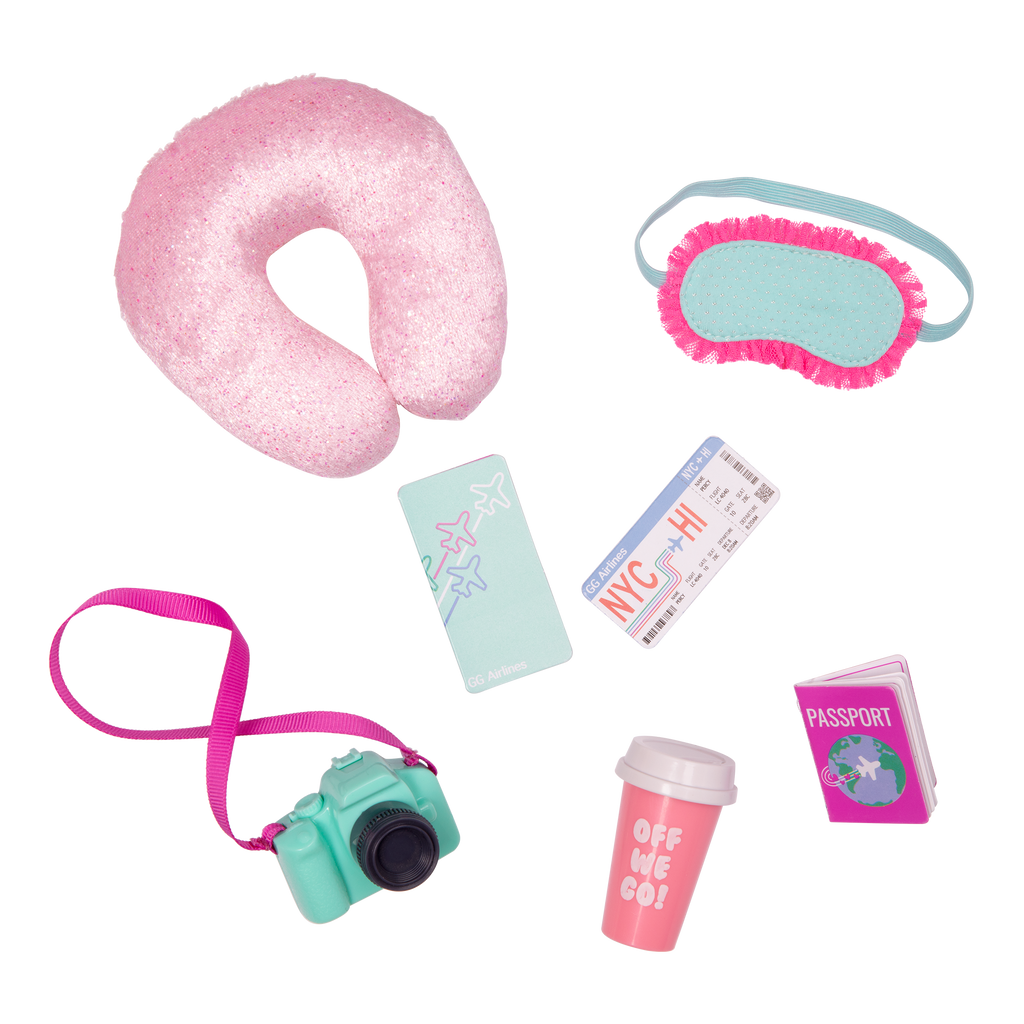 14-inch posable doll with blonde hair and purple eyes holding camera