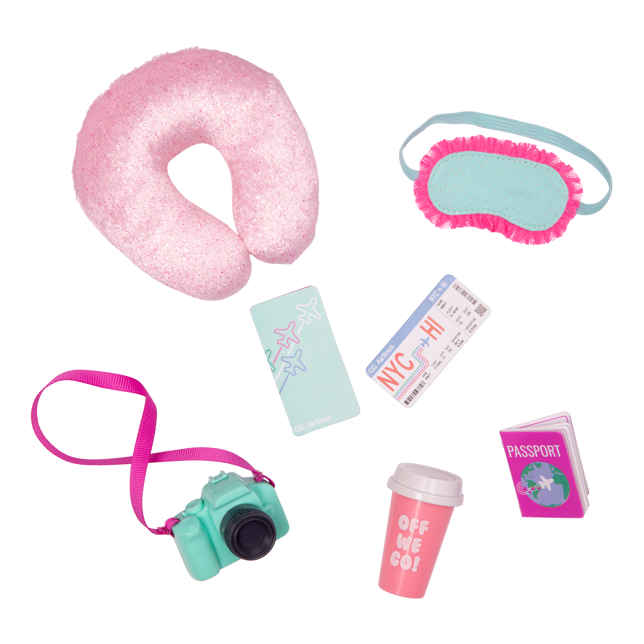 14-inch posable doll with blonde hair and purple eyes holding camera