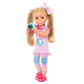 14-inch posable doll with blonde hair and purple eyes holding camera
