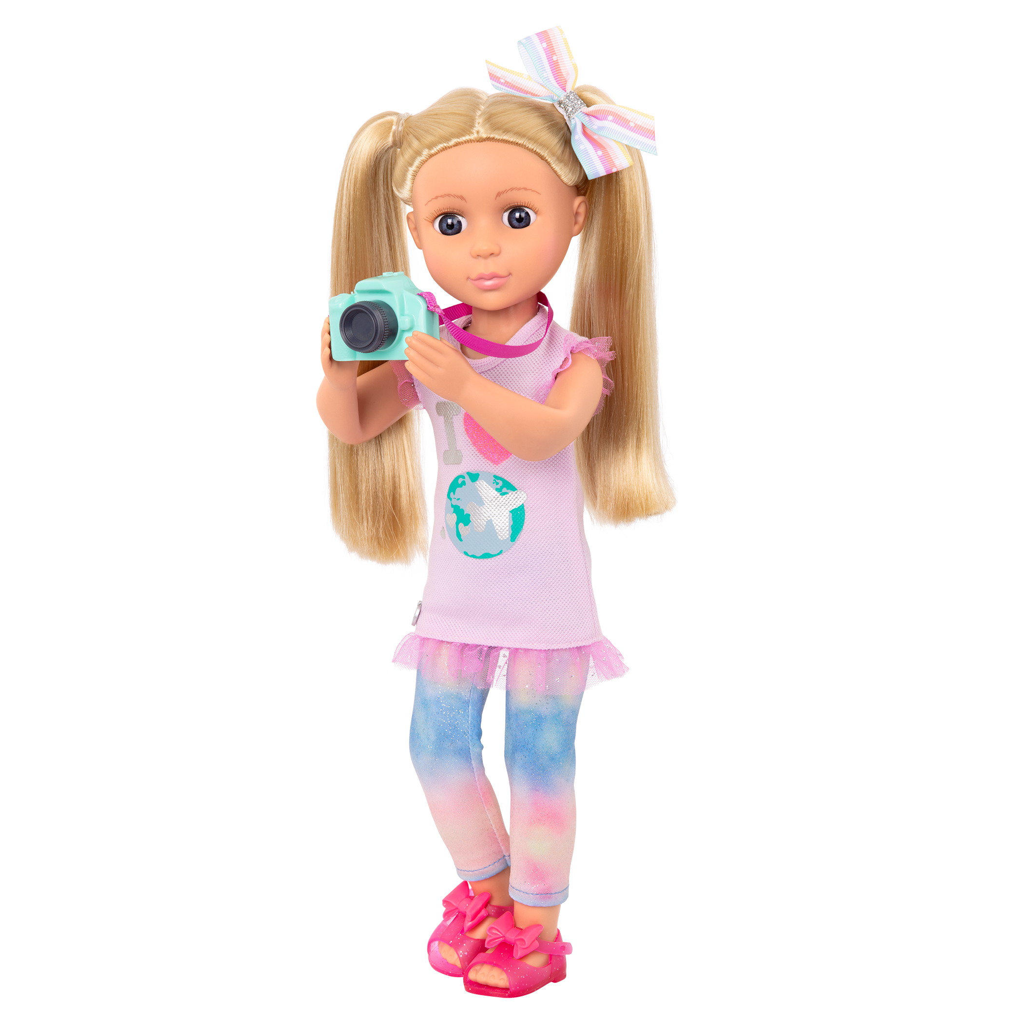 14-inch posable doll with blonde hair and purple eyes holding camera