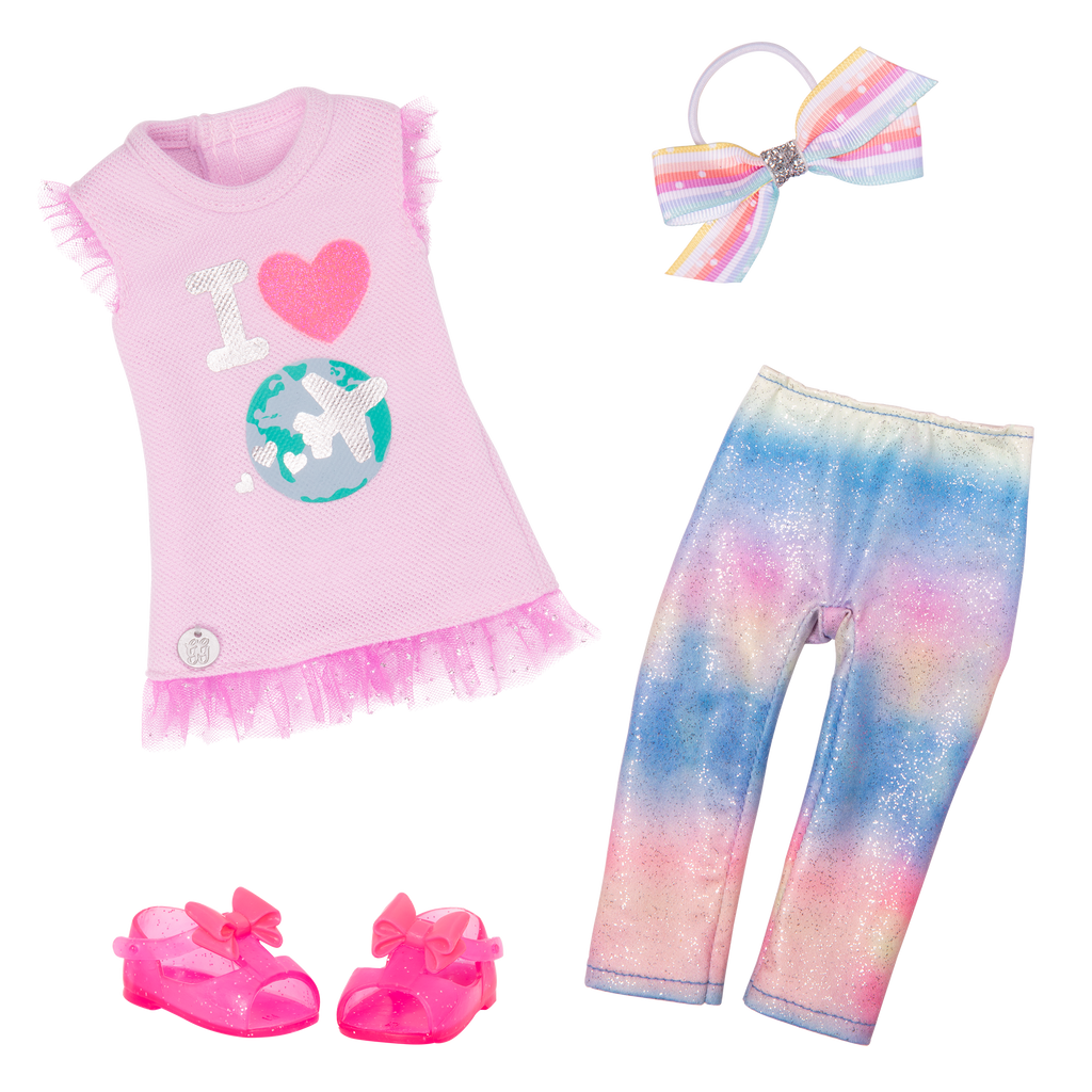 14-inch posable doll with blonde hair and purple eyes holding camera