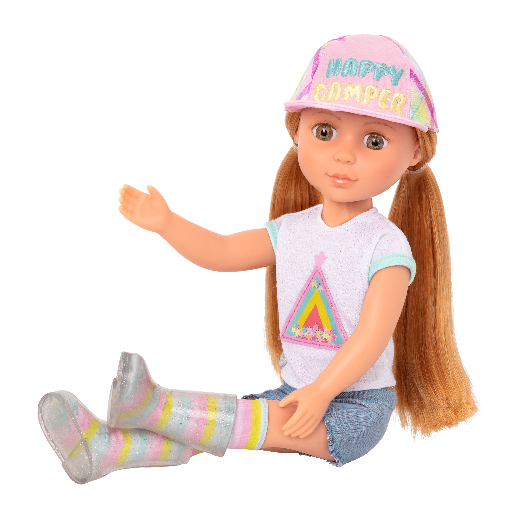 14-inch posable doll with red hair and hazel eyes