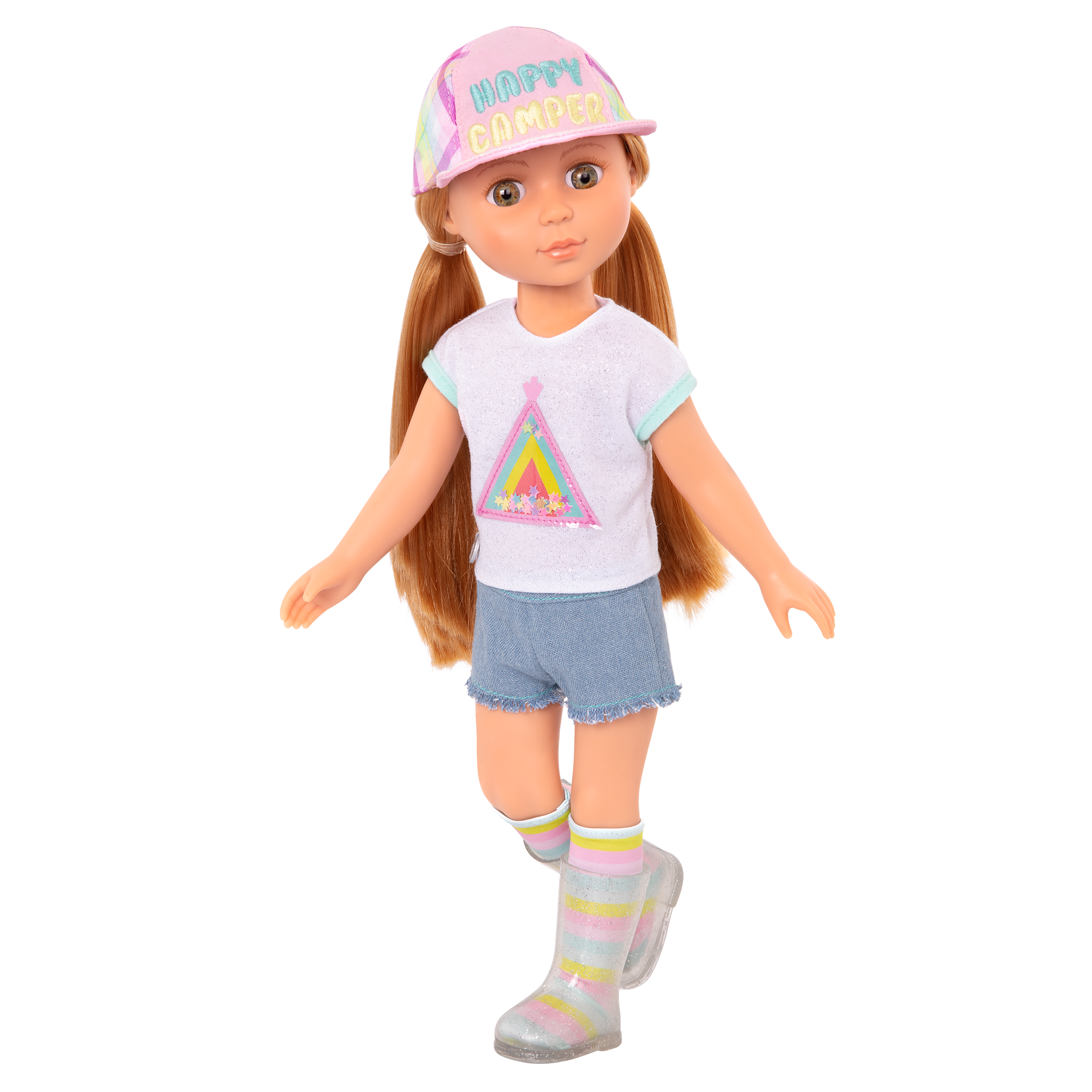 14-inch posable doll with red hair and hazel eyes