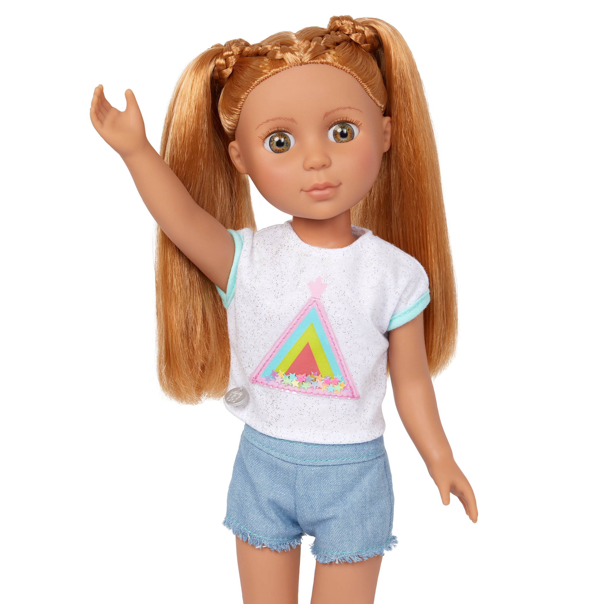 14-inch posable doll with red hair and hazel eyes