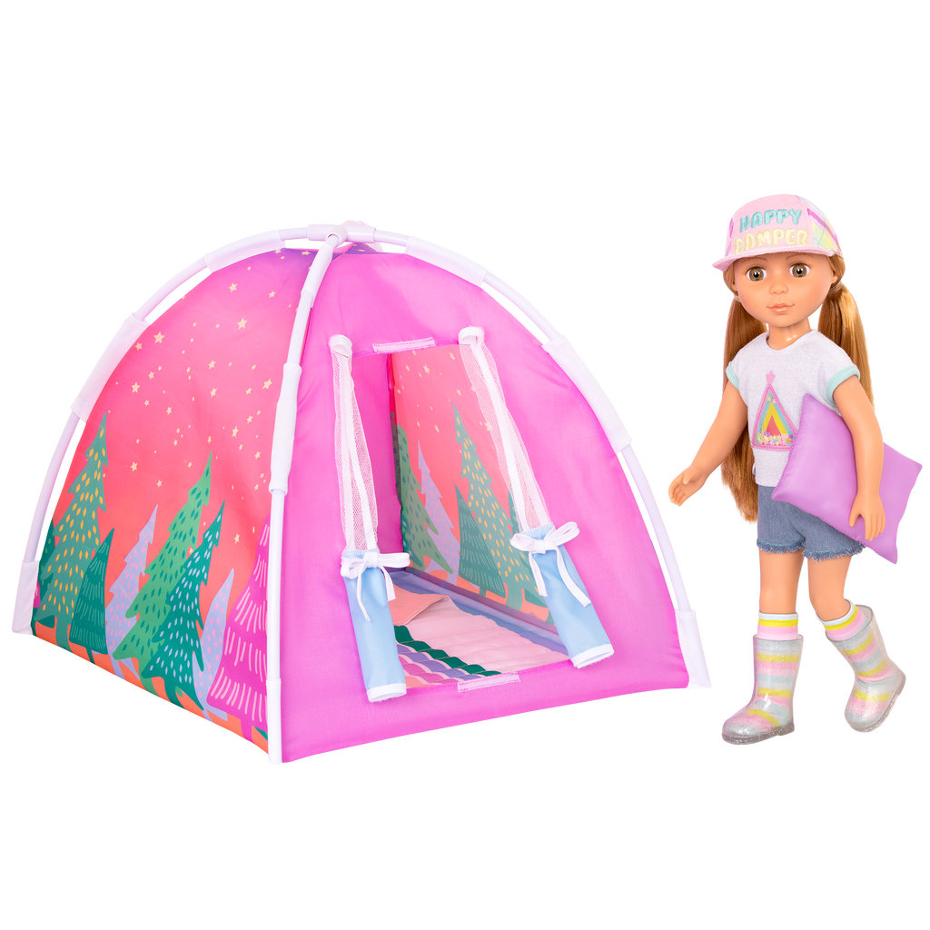 14-inch doll and dog plushie with camping playset
