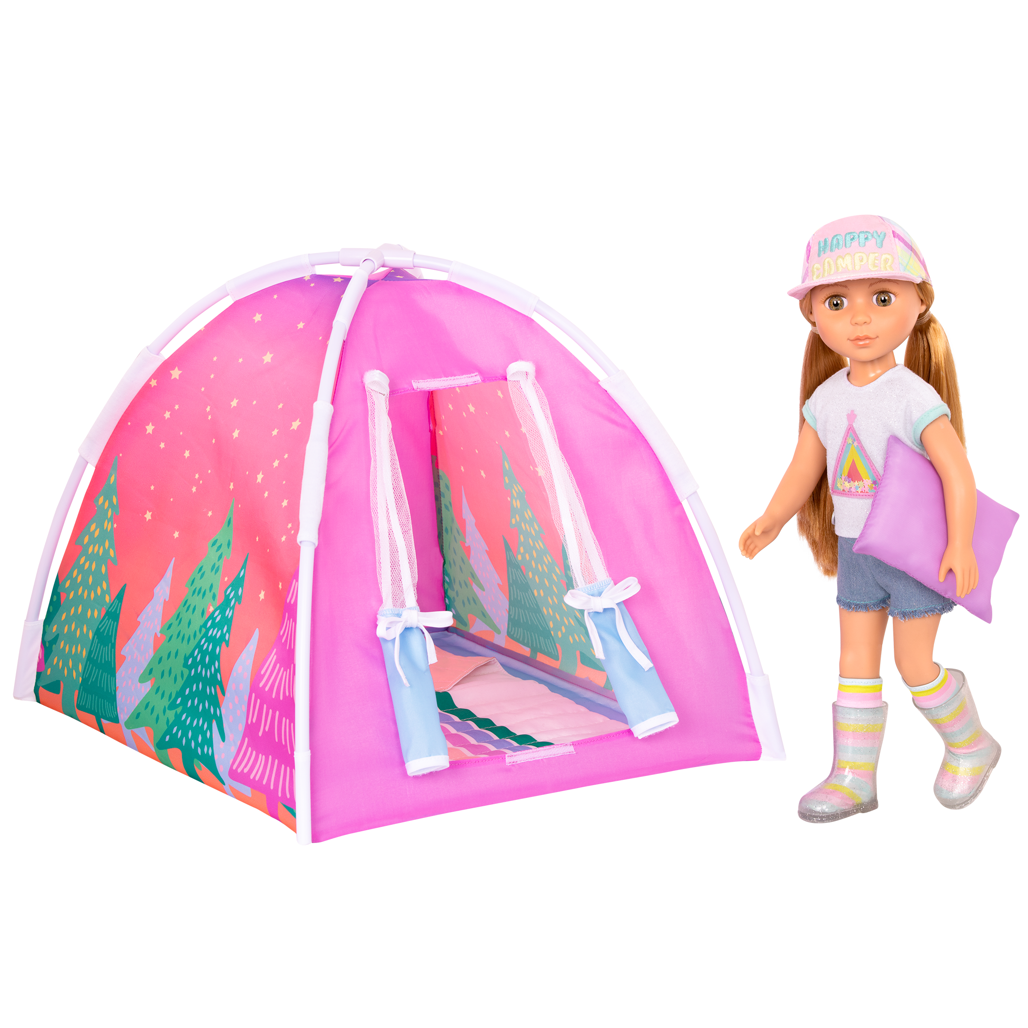 14-inch doll and dog plushie with camping playset