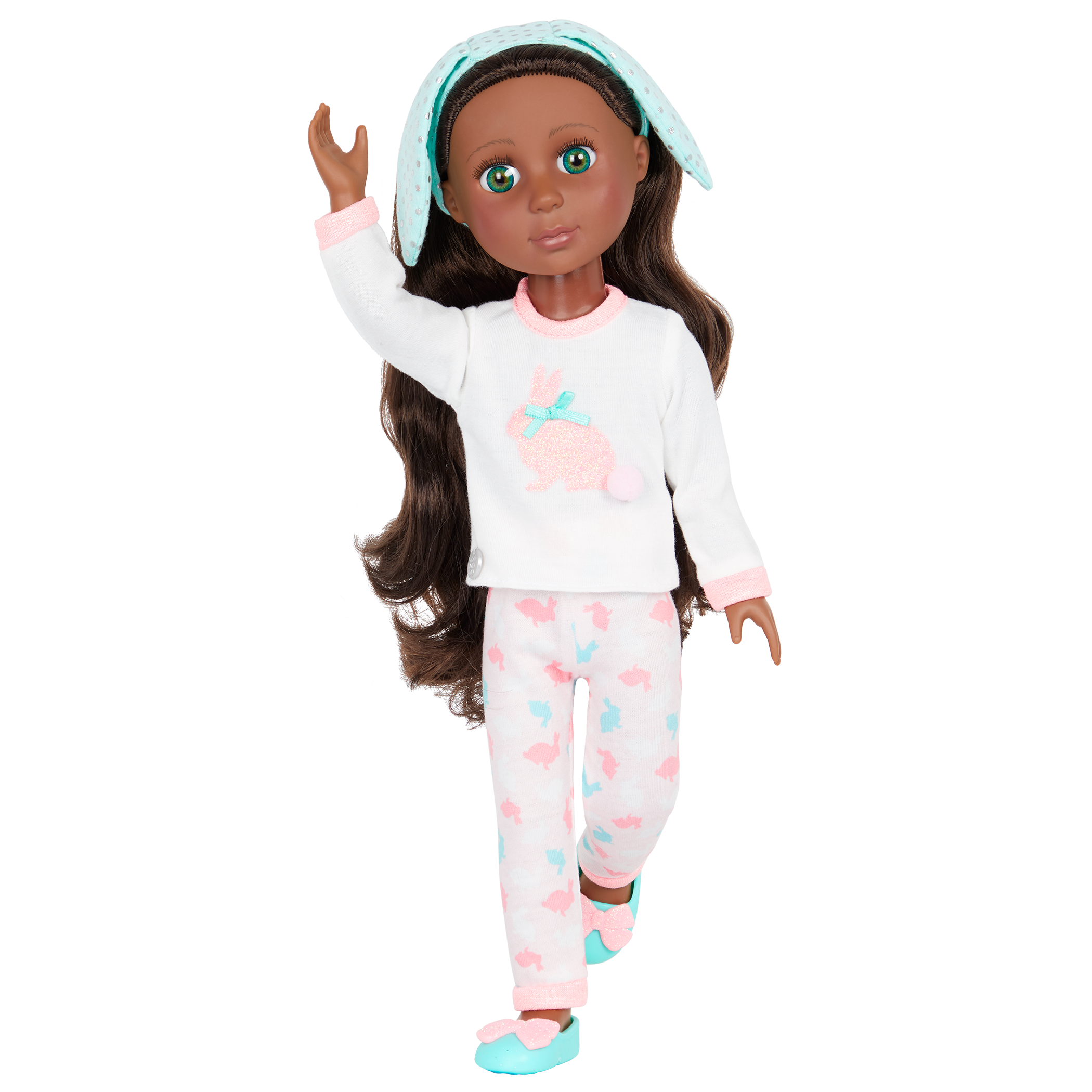 14-inch posable doll with brown hair and green eyes