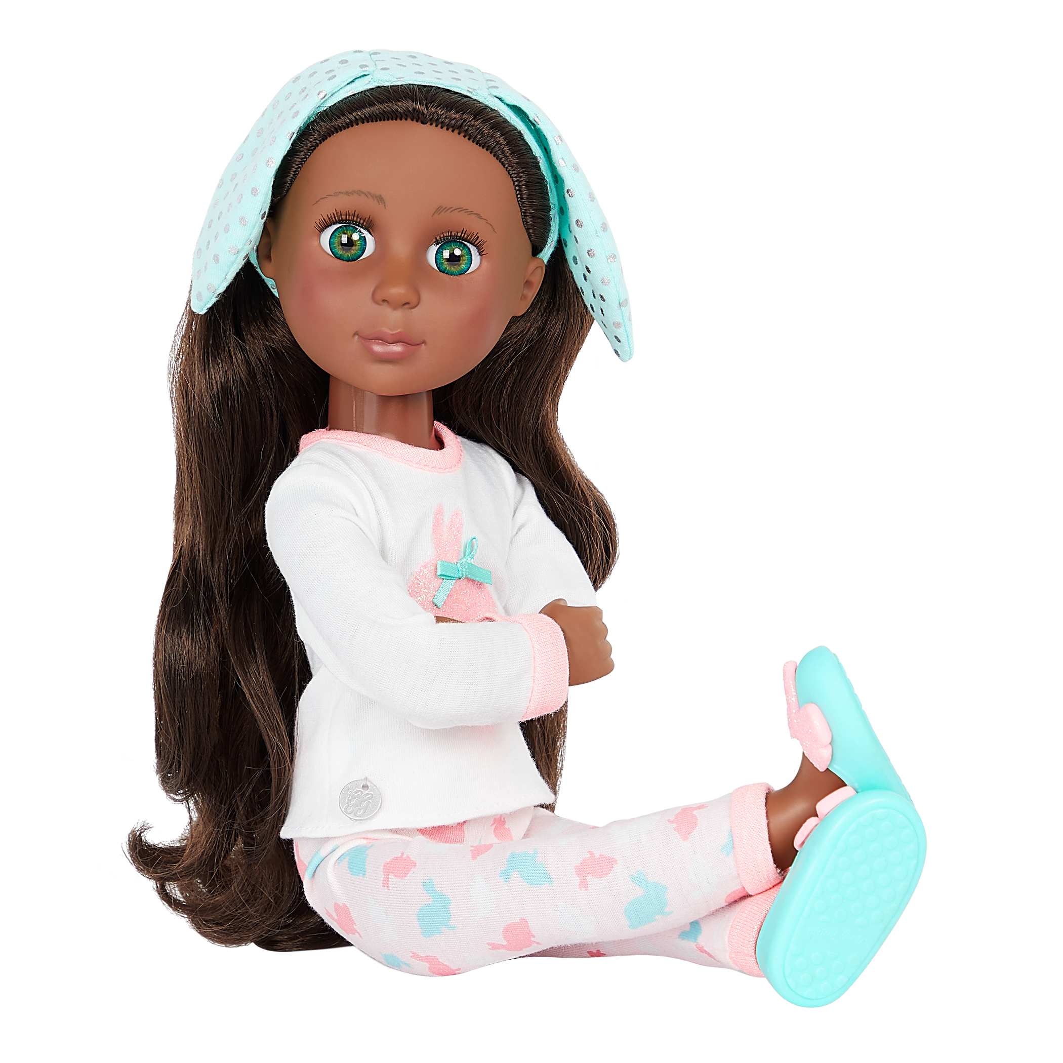 14-inch posable doll with brown hair and green eyes