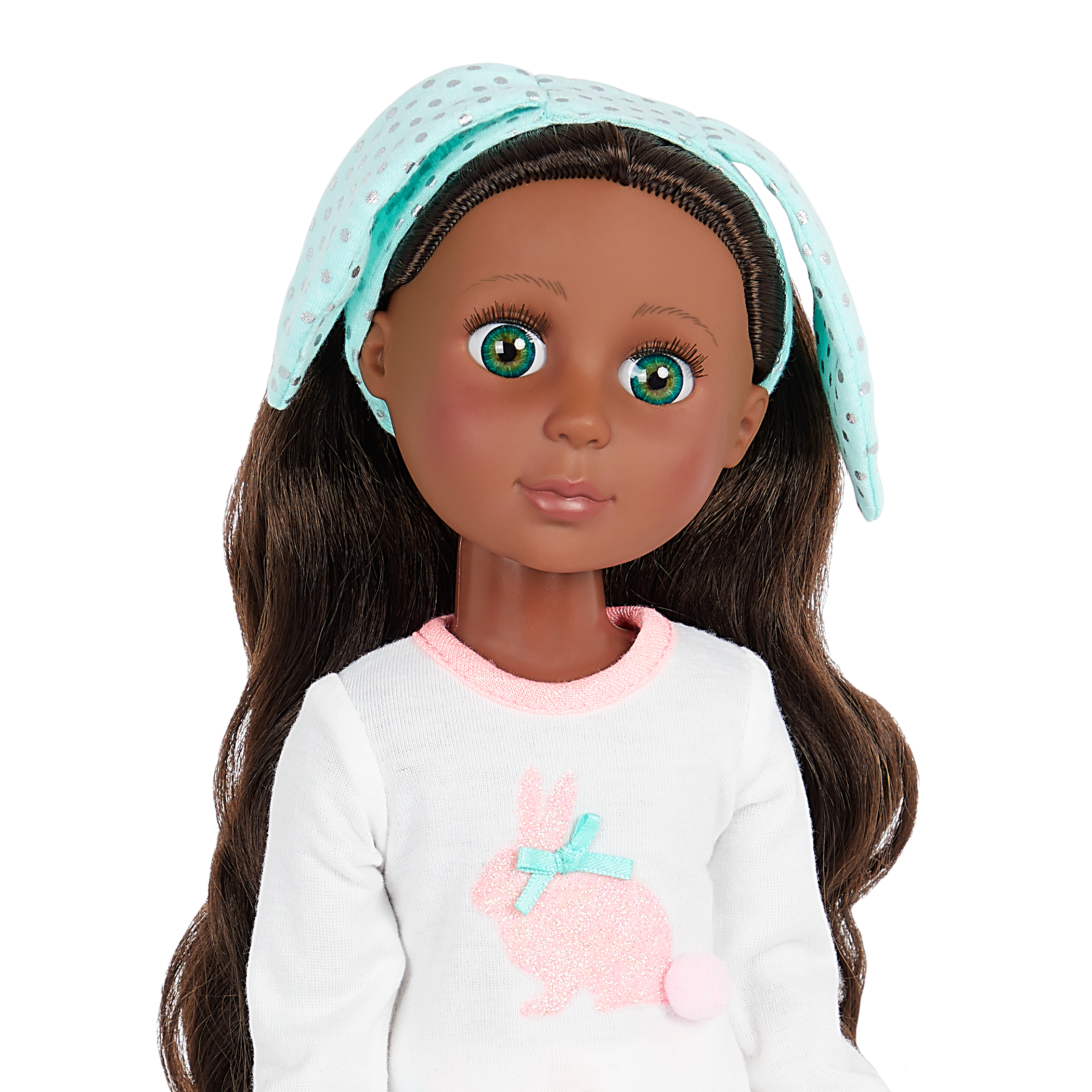 14-inch posable doll with brown hair and green eyes