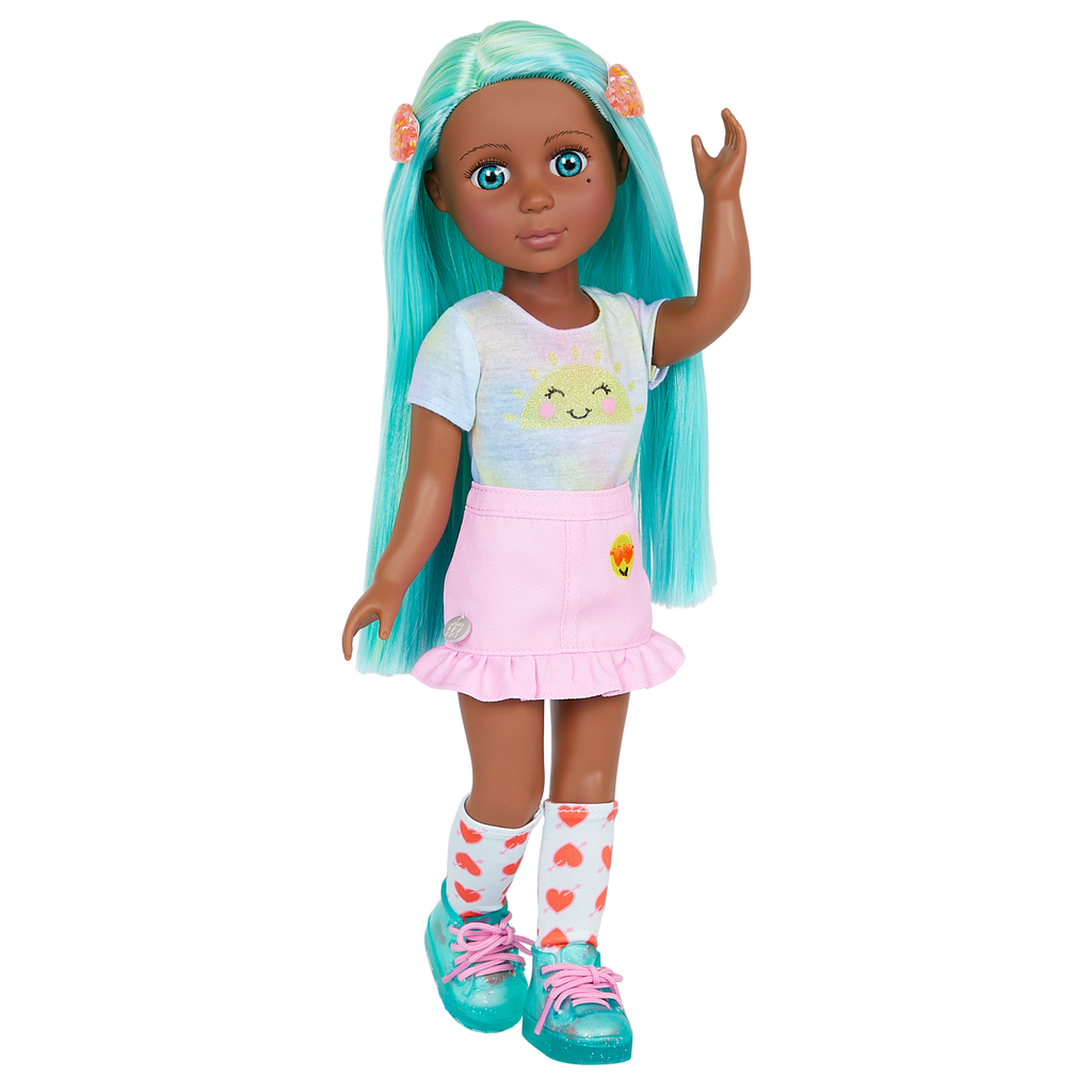 14-inch posable doll with turquoise hair and turquoise eyes with hair accessories