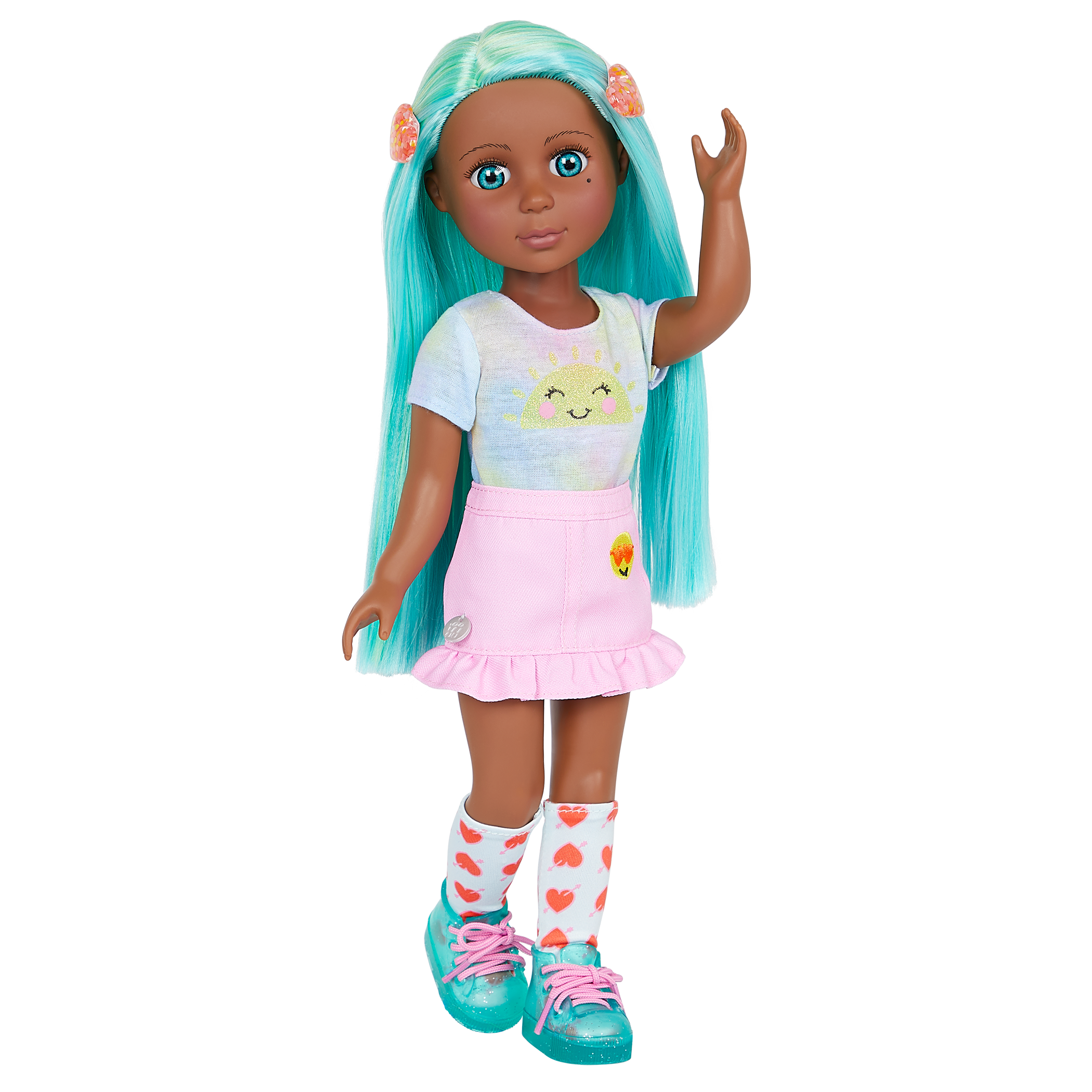 14-inch posable doll with turquoise hair and turquoise eyes with hair accessories