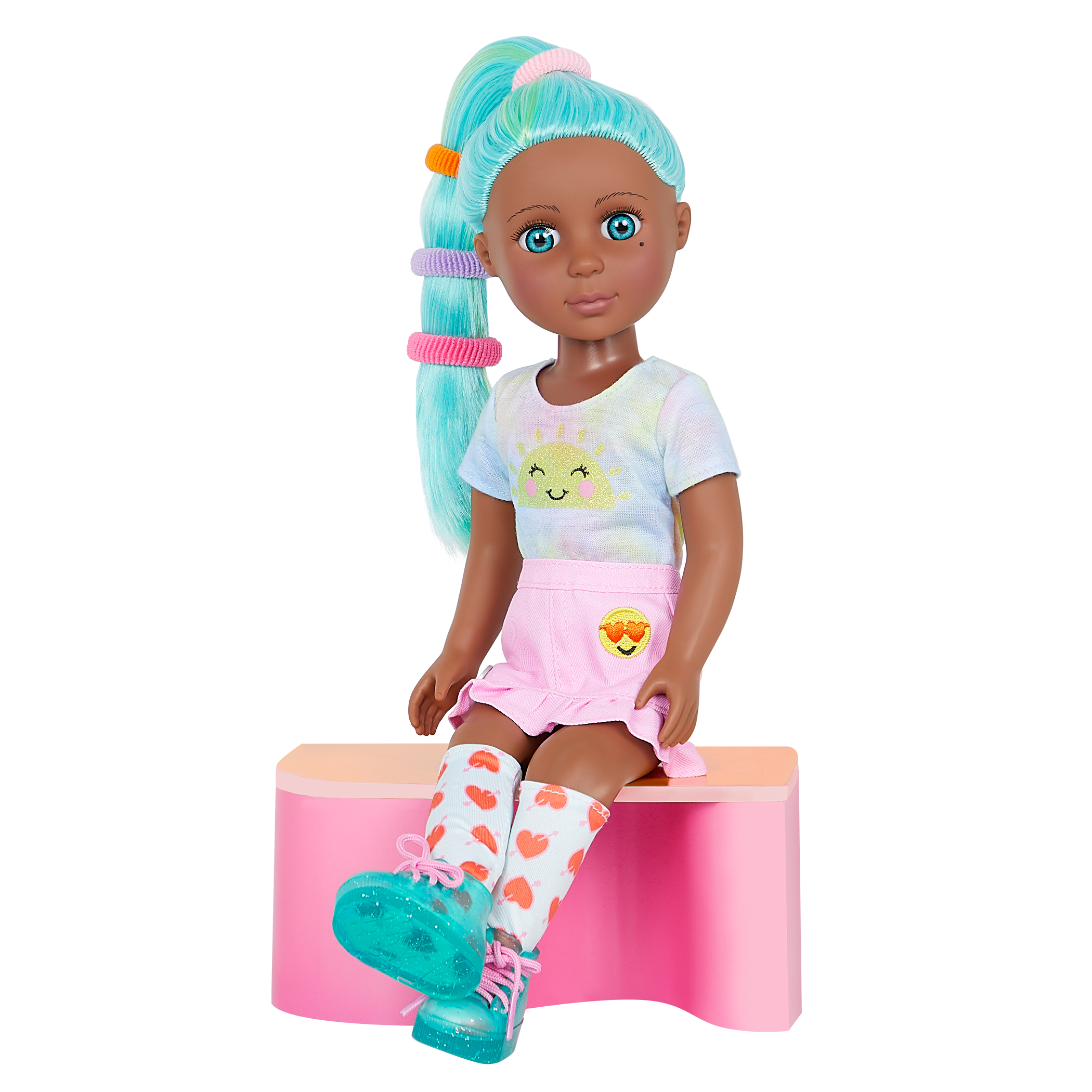 14-inch posable doll with turquoise hair and turquoise eyes with hair accessories