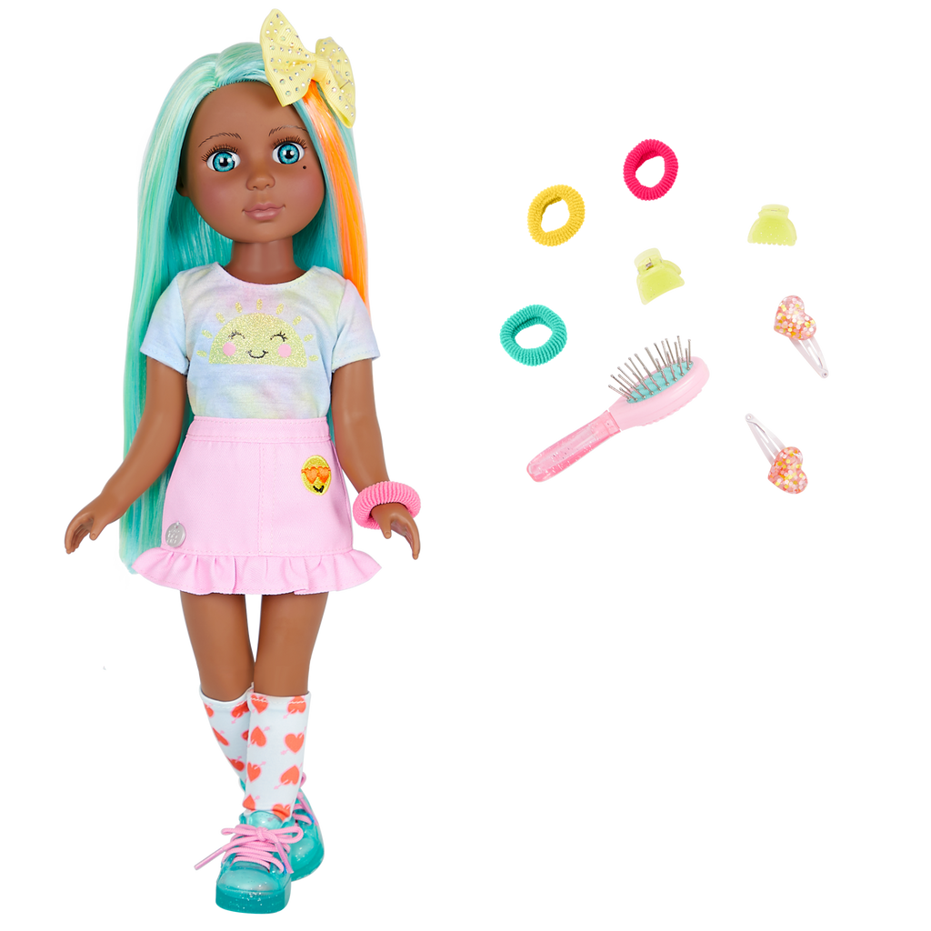 14-inch posable doll with turquoise hair and turquoise eyes with hair accessories