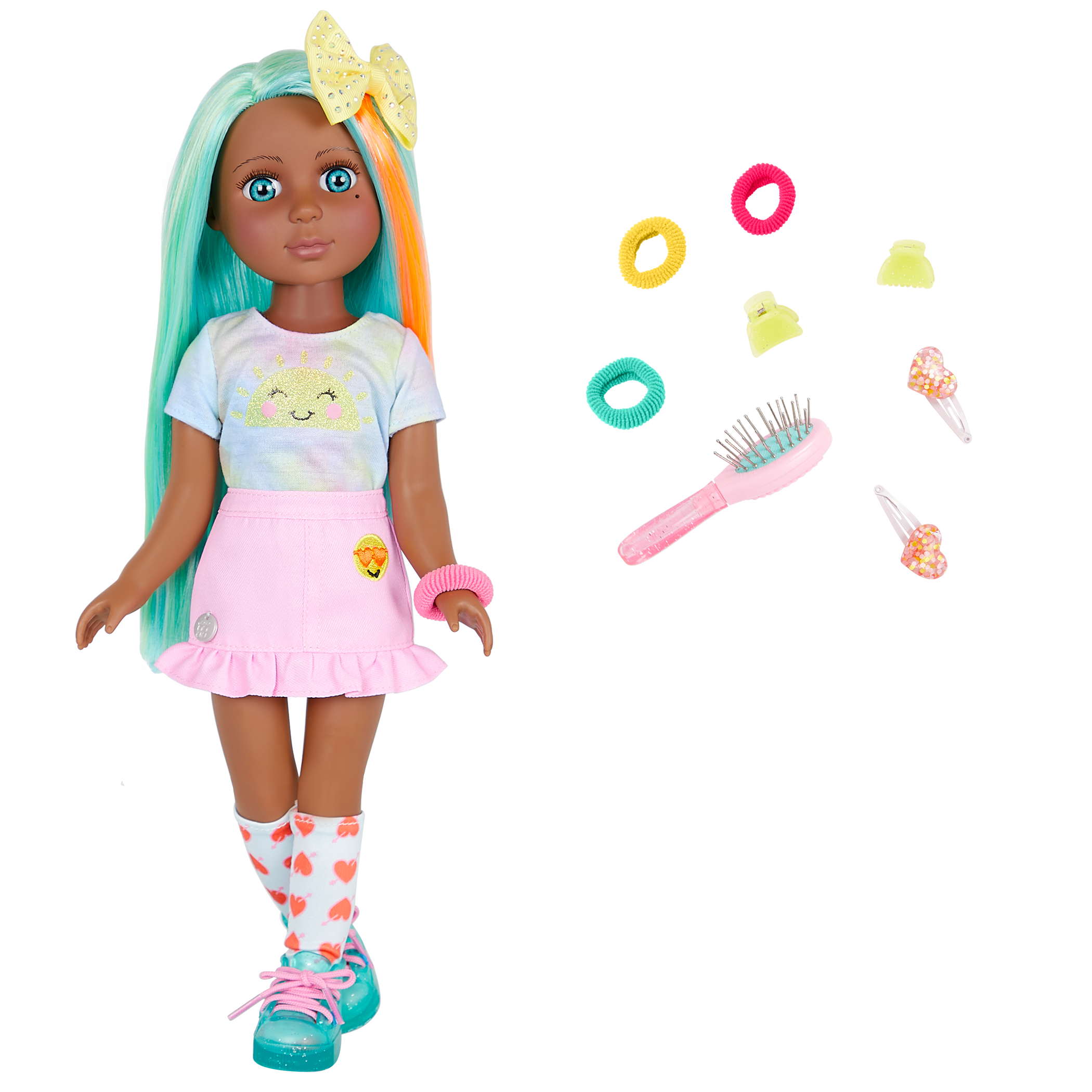 14-inch posable doll with turquoise hair and turquoise eyes with hair accessories