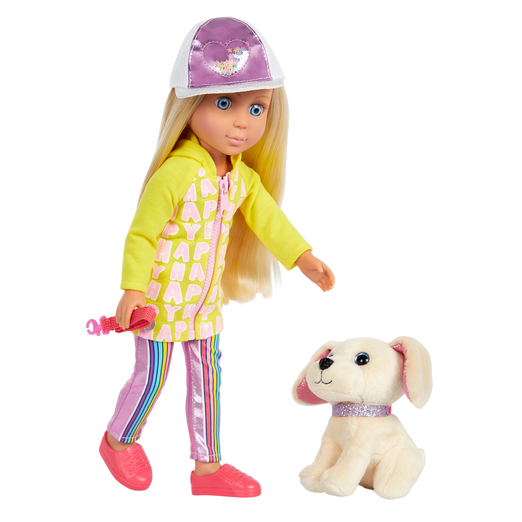 Doll in yellow jacket with white dog