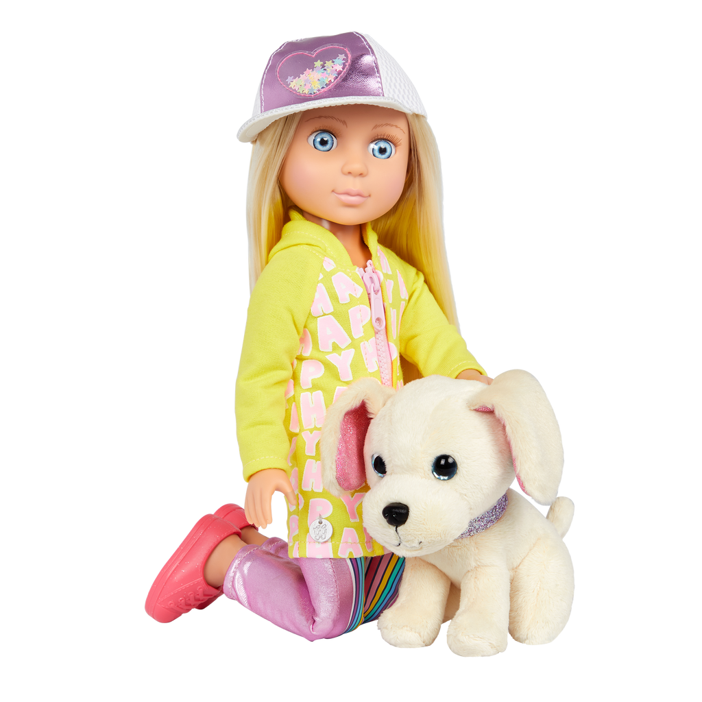 Doll in yellow jacket with white dog